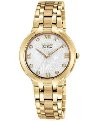 Citizen Eco-Drive Ladies Bella 8 Diamond Dress Watch - Gold-Tone - Embossed Dial