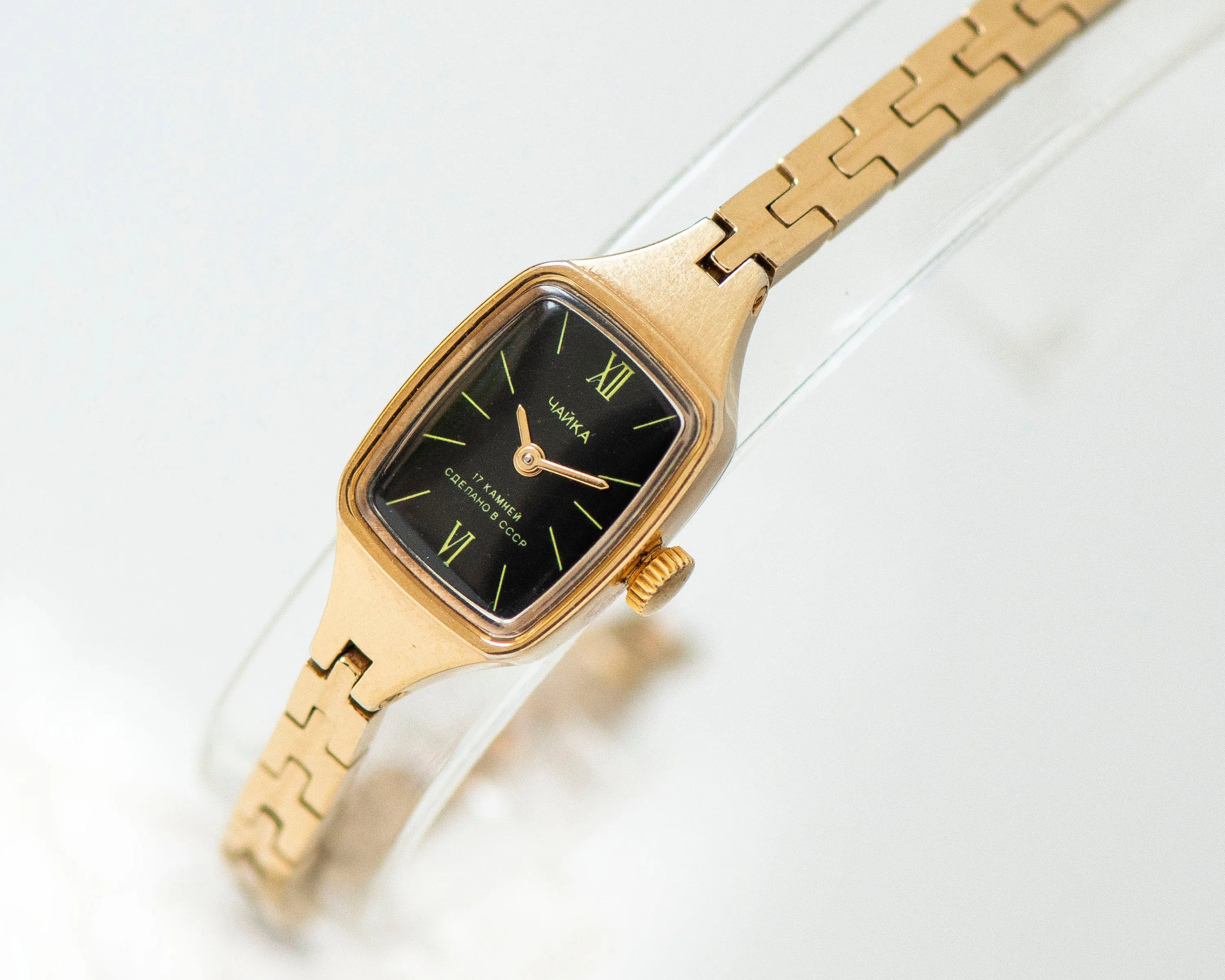 Cocktail watch for women black dial Seagull, gold plated lady watch rectangular Roman numerals, vintage timepiece lady watch jewelry classic