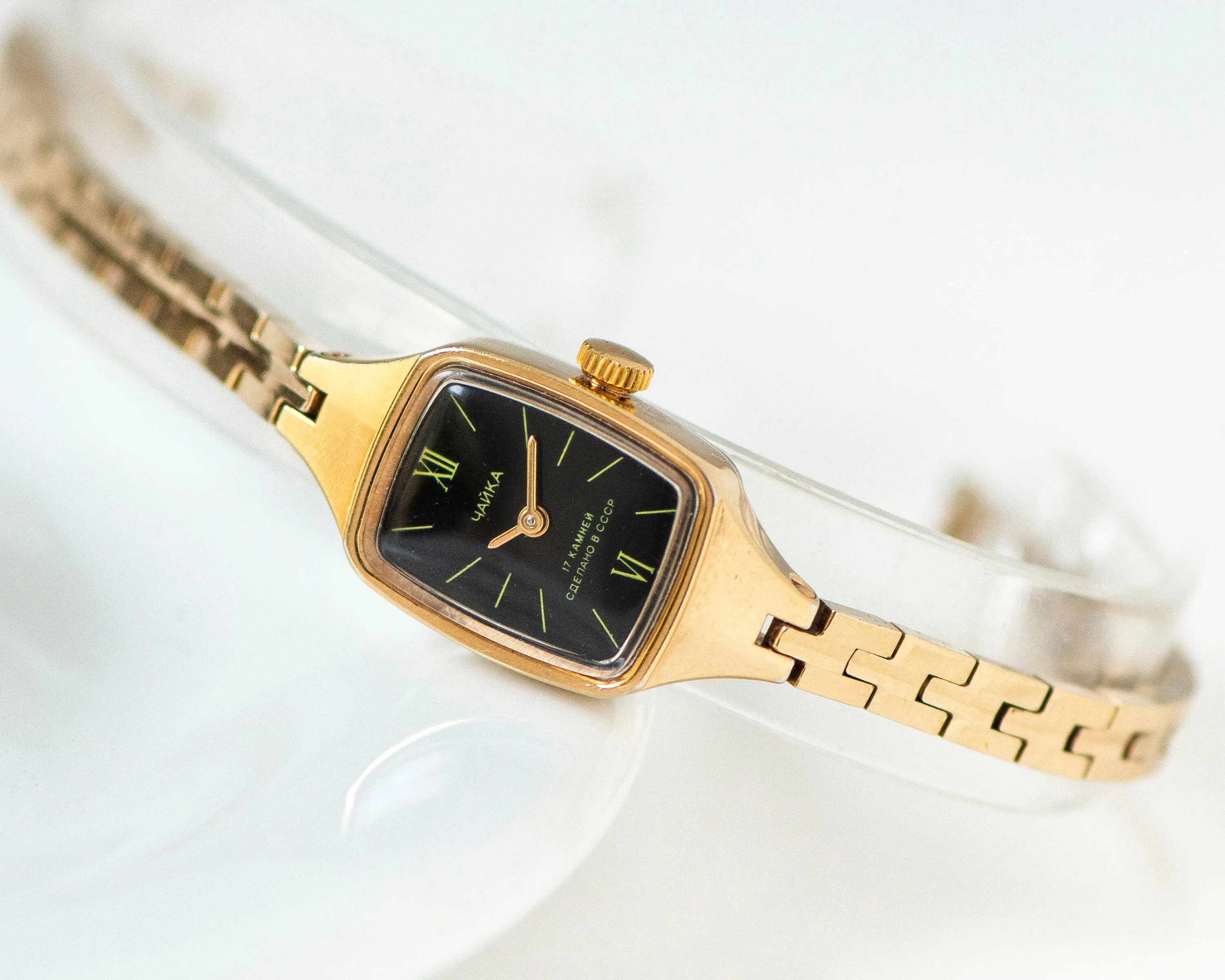 Cocktail watch for women black dial Seagull, gold plated lady watch rectangular Roman numerals, vintage timepiece lady watch jewelry classic