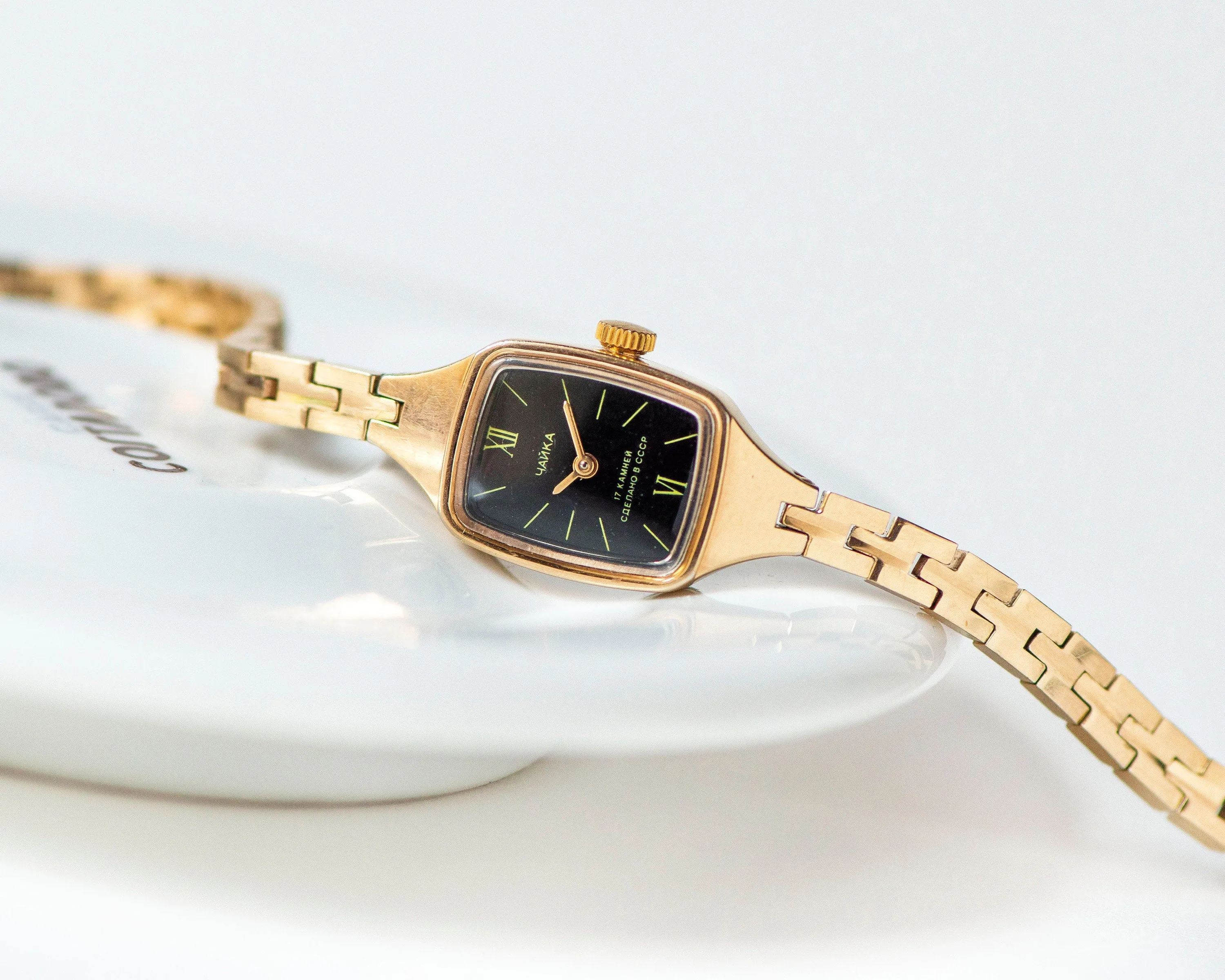 Cocktail watch for women black dial Seagull, gold plated lady watch rectangular Roman numerals, vintage timepiece lady watch jewelry classic