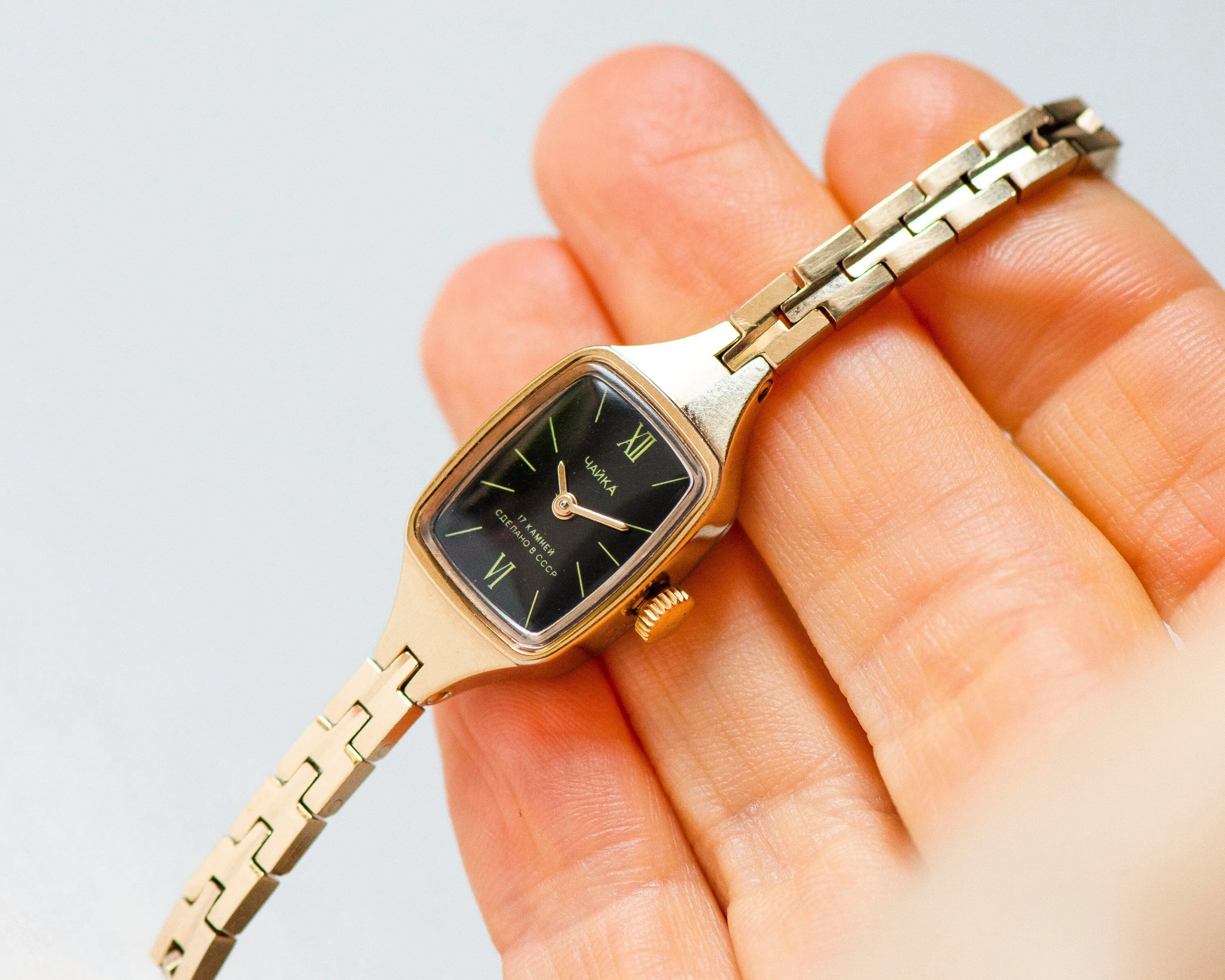 Cocktail watch for women black dial Seagull, gold plated lady watch rectangular Roman numerals, vintage timepiece lady watch jewelry classic