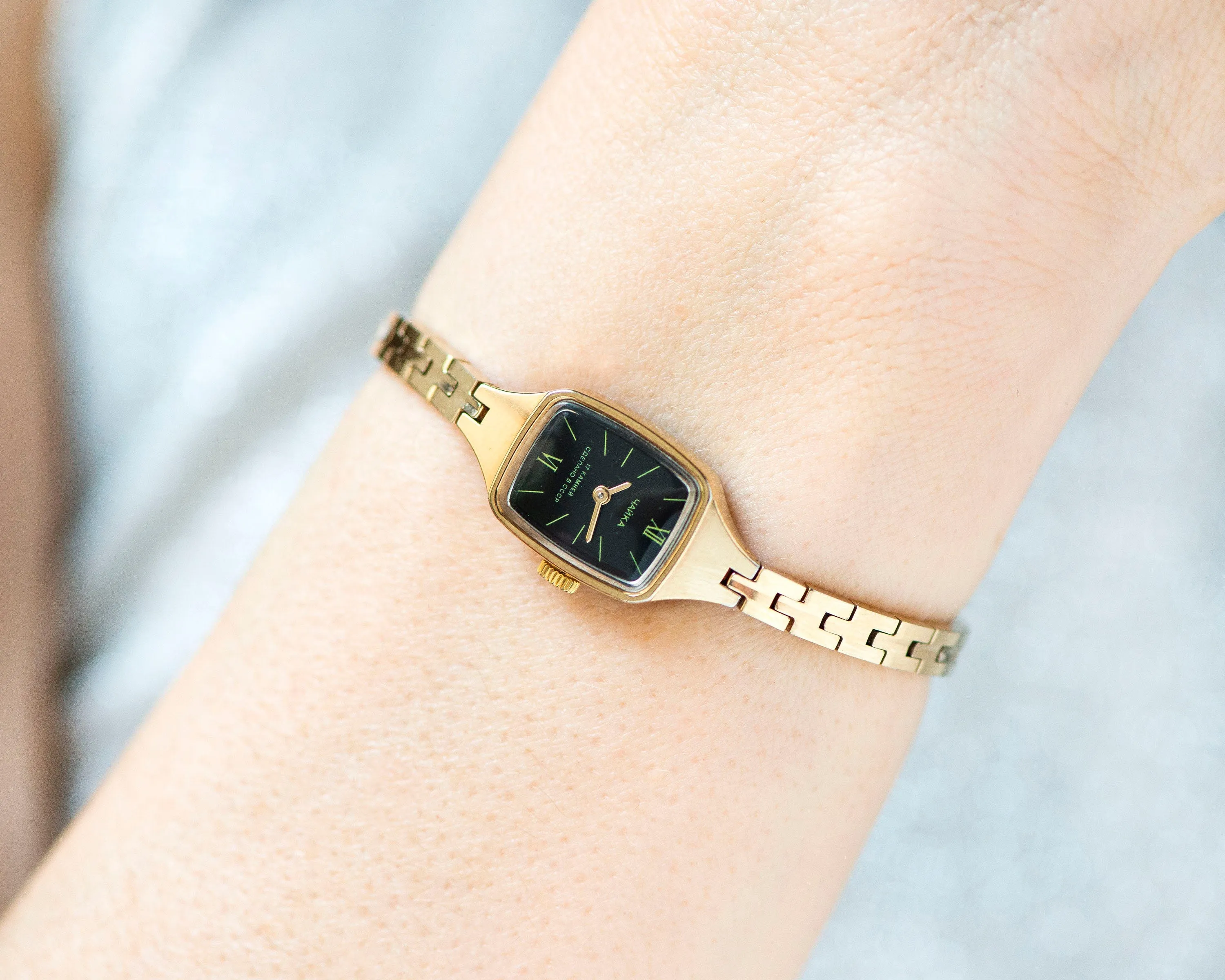 Cocktail watch for women black dial Seagull, gold plated lady watch rectangular Roman numerals, vintage timepiece lady watch jewelry classic
