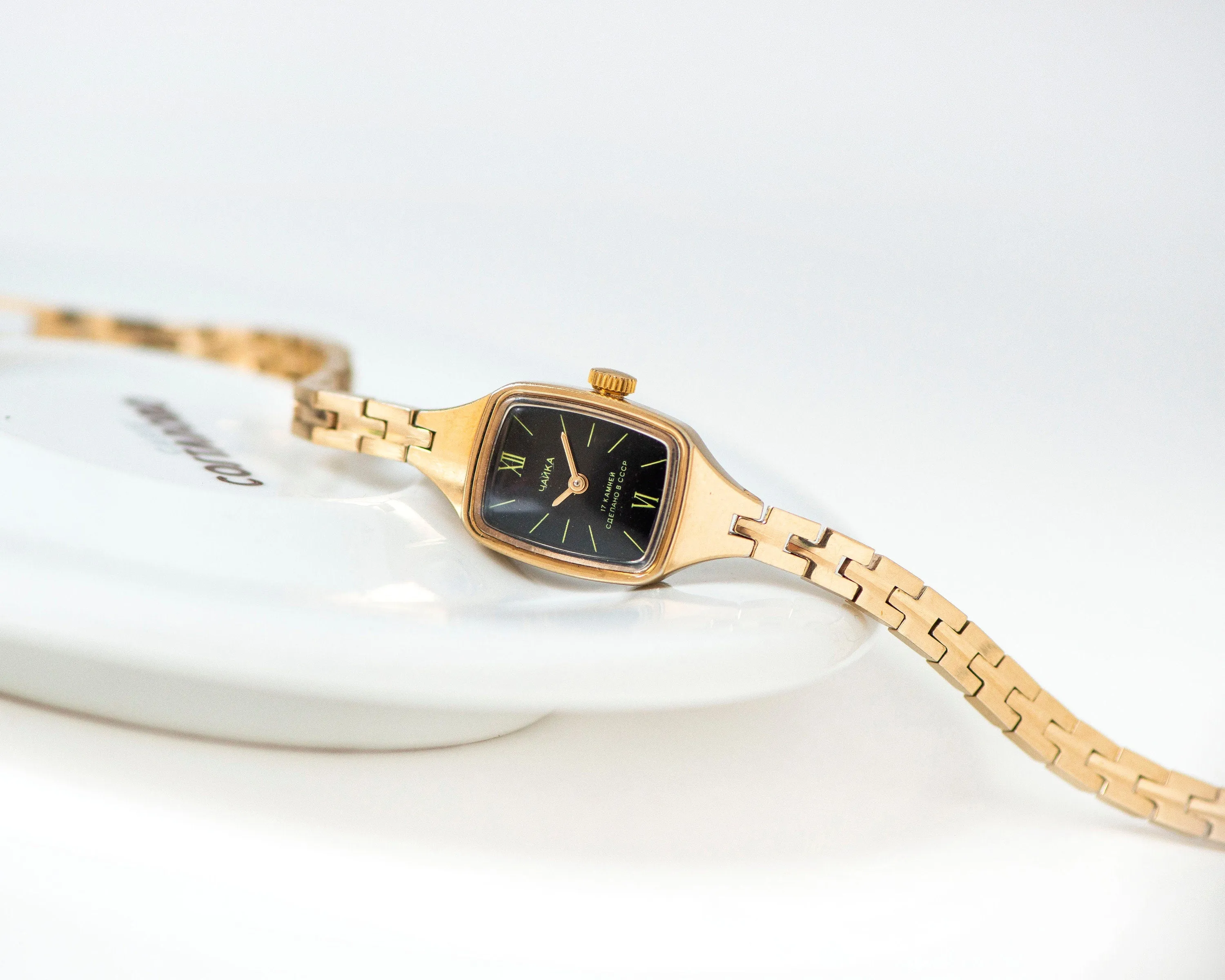 Cocktail watch for women black dial Seagull, gold plated lady watch rectangular Roman numerals, vintage timepiece lady watch jewelry classic