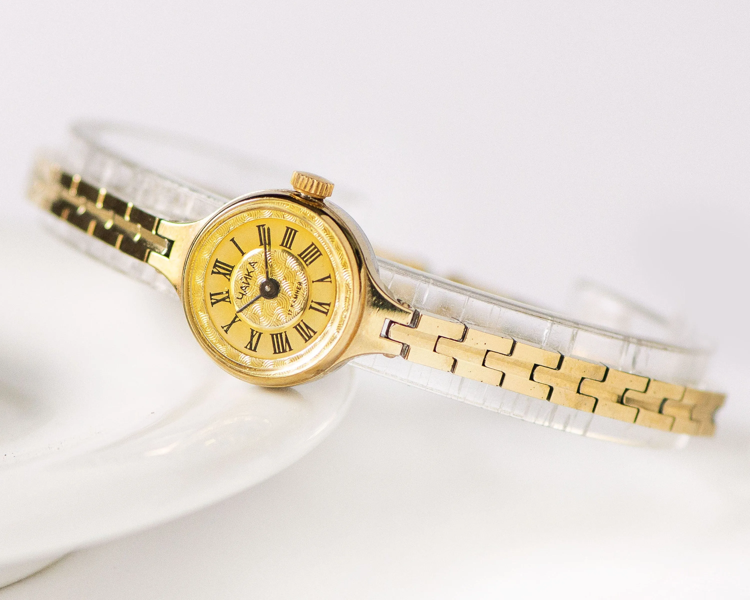 Cocktail watch for women Seagull mint condition, gold shades lady watch tiny bracelet jewelry, Roman numerals wristwatch for lady retro gift