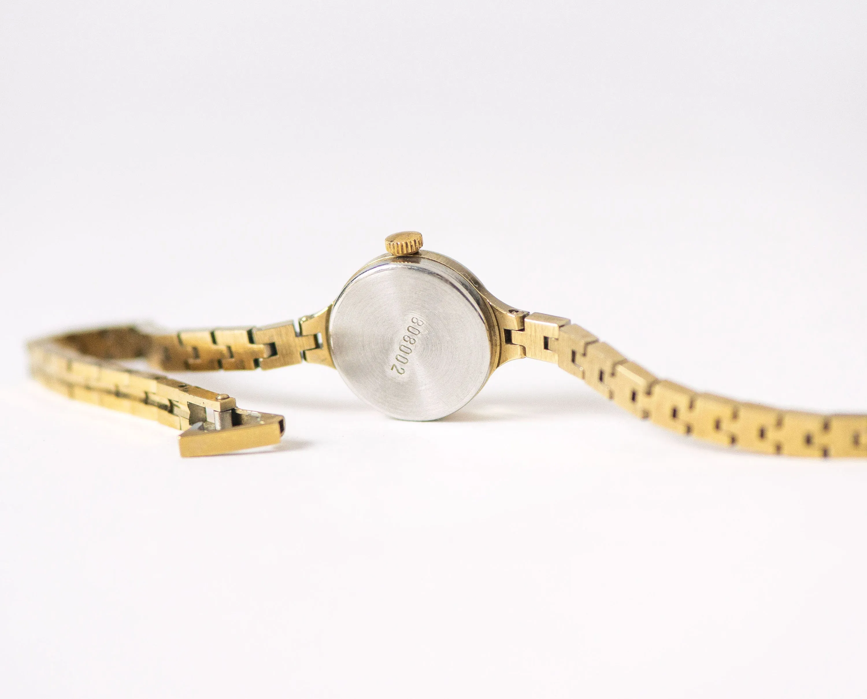 Cocktail watch for women Seagull mint condition, gold shades lady watch tiny bracelet jewelry, Roman numerals wristwatch for lady retro gift