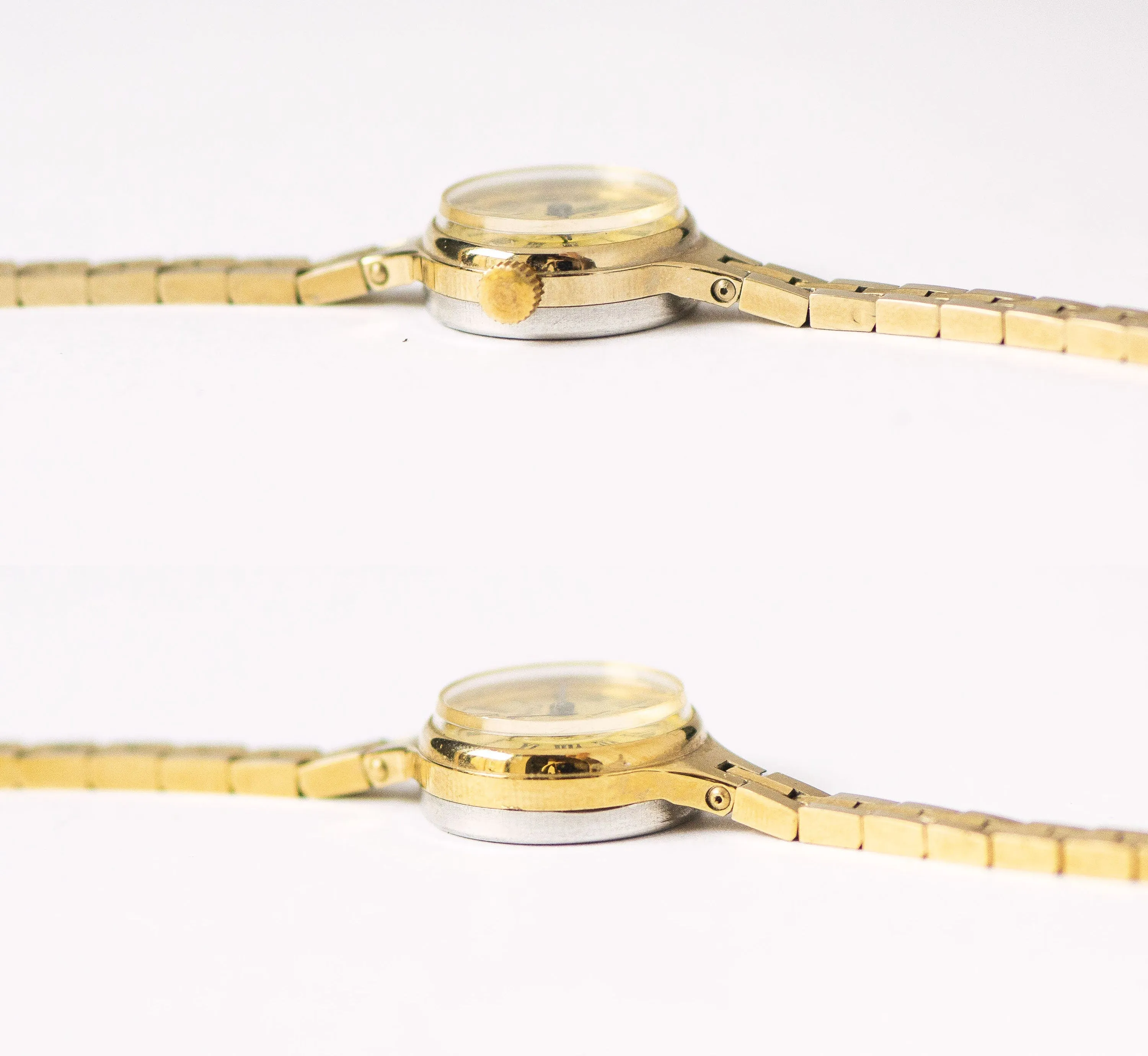 Cocktail watch for women Seagull mint condition, gold shades lady watch tiny bracelet jewelry, Roman numerals wristwatch for lady retro gift