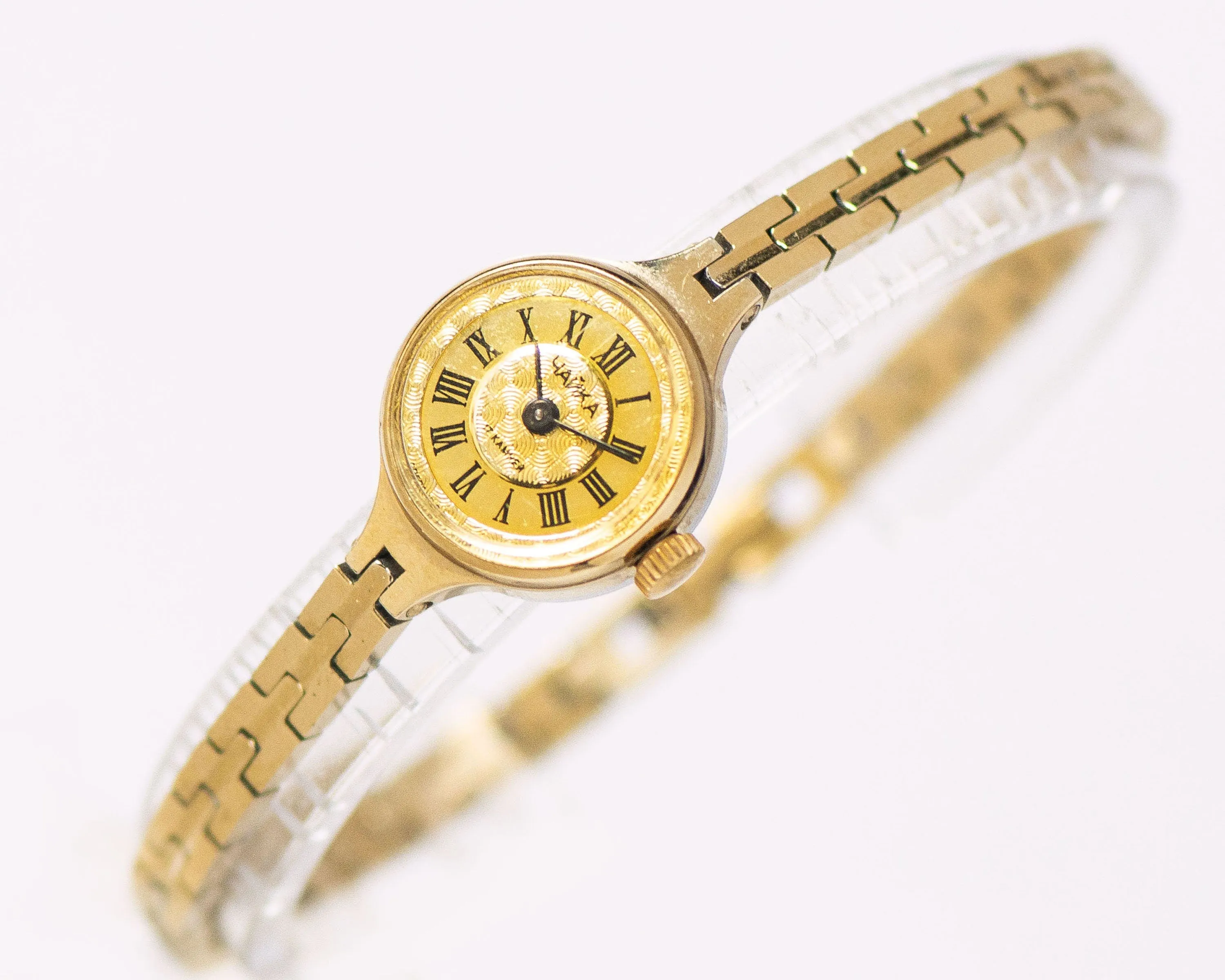 Cocktail watch for women Seagull mint condition, gold shades lady watch tiny bracelet jewelry, Roman numerals wristwatch for lady retro gift