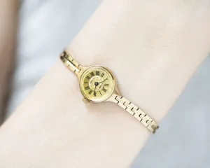Cocktail watch for women Seagull mint condition, gold shades lady watch tiny bracelet jewelry, Roman numerals wristwatch for lady retro gift