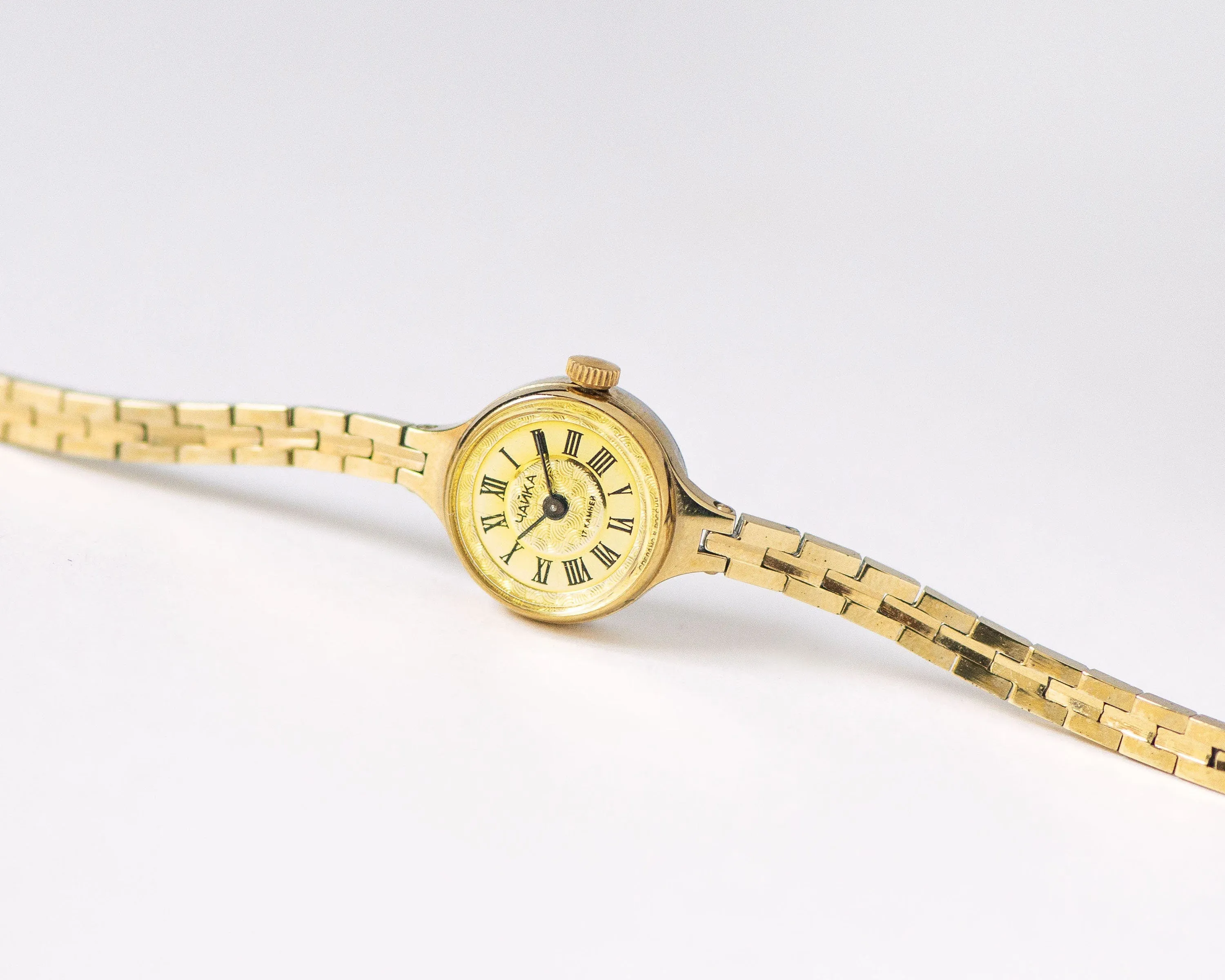 Cocktail watch for women Seagull mint condition, gold shades lady watch tiny bracelet jewelry, Roman numerals wristwatch for lady retro gift