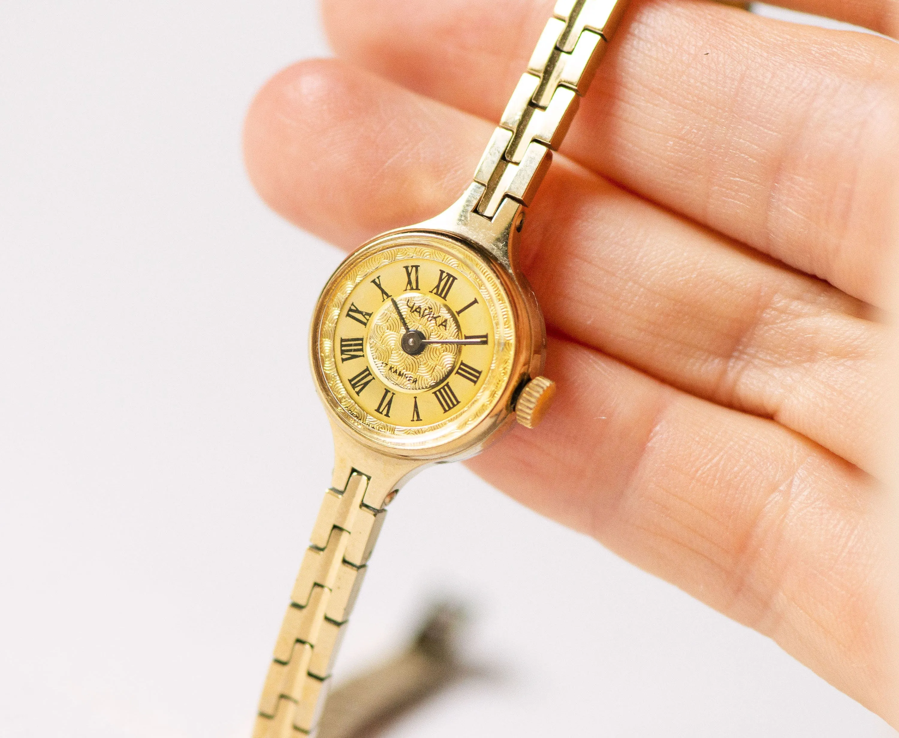 Cocktail watch for women Seagull mint condition, gold shades lady watch tiny bracelet jewelry, Roman numerals wristwatch for lady retro gift