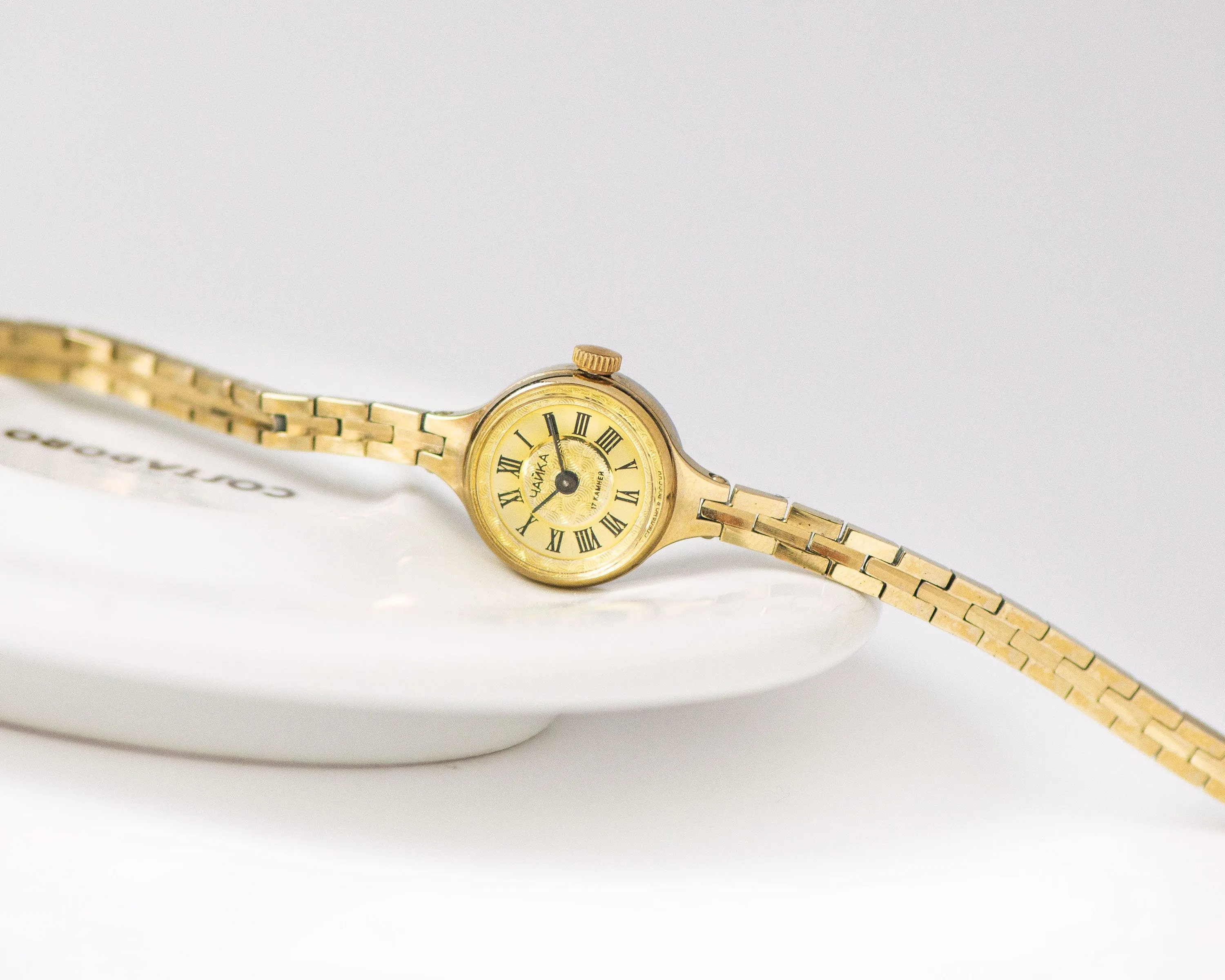 Cocktail watch for women Seagull mint condition, gold shades lady watch tiny bracelet jewelry, Roman numerals wristwatch for lady retro gift