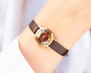 Copper red women watch Glory gold plated, vintage lady wristwatch Roman numerals, girl watch simple gift delicate, new genuine leather strap