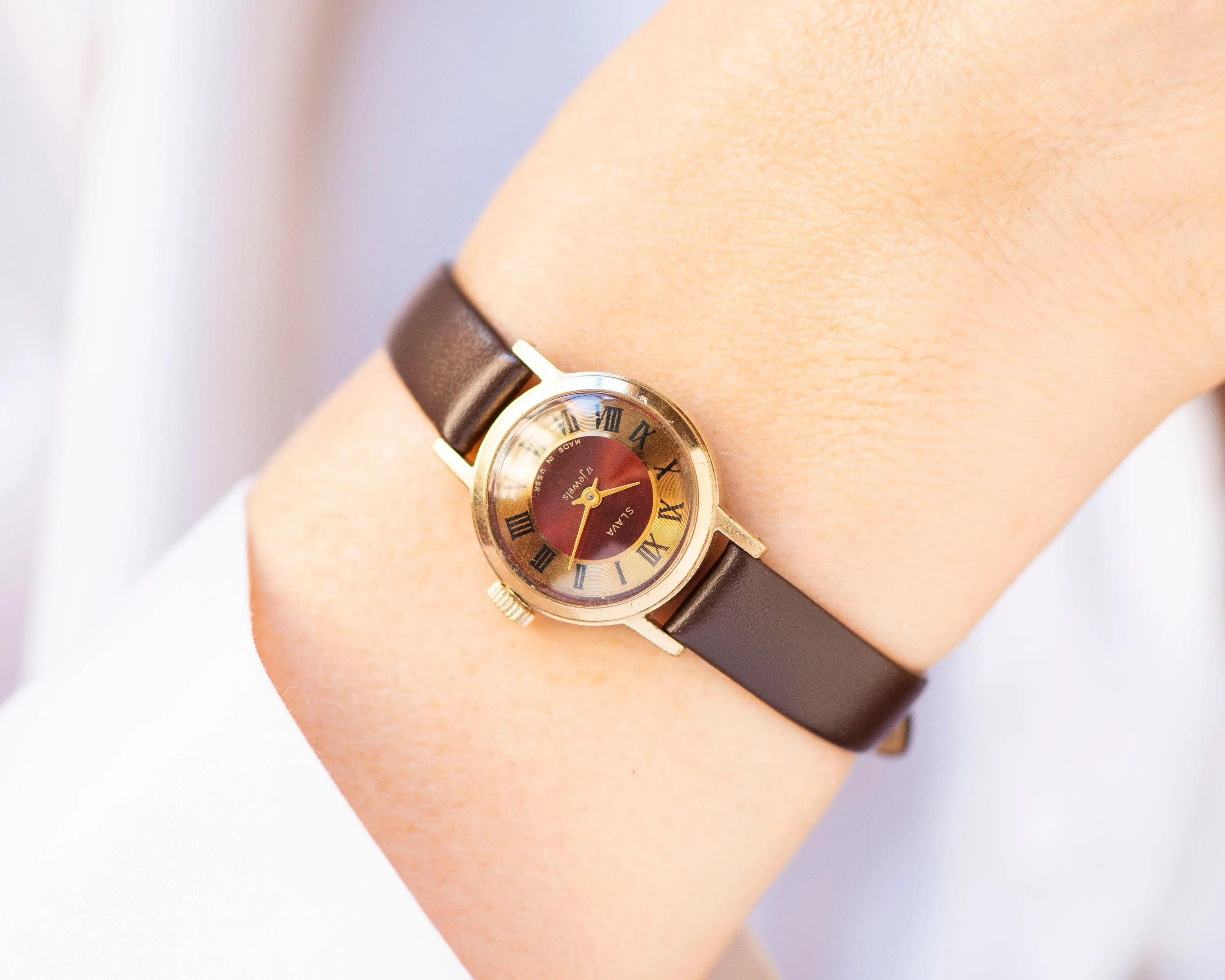 Copper red women watch Glory gold plated, vintage lady wristwatch Roman numerals, girl watch simple gift delicate, new genuine leather strap