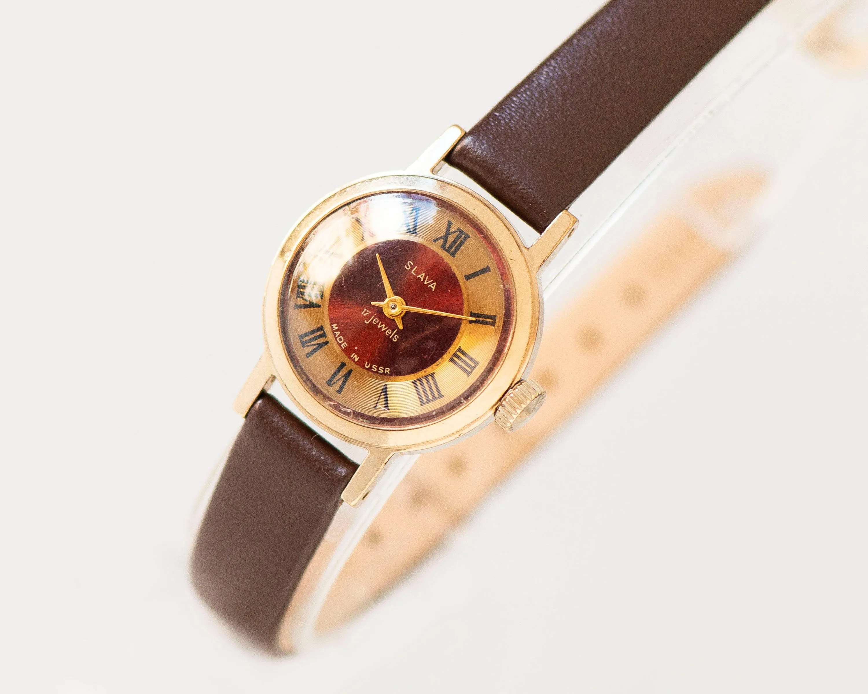 Copper red women watch Glory gold plated, vintage lady wristwatch Roman numerals, girl watch simple gift delicate, new genuine leather strap