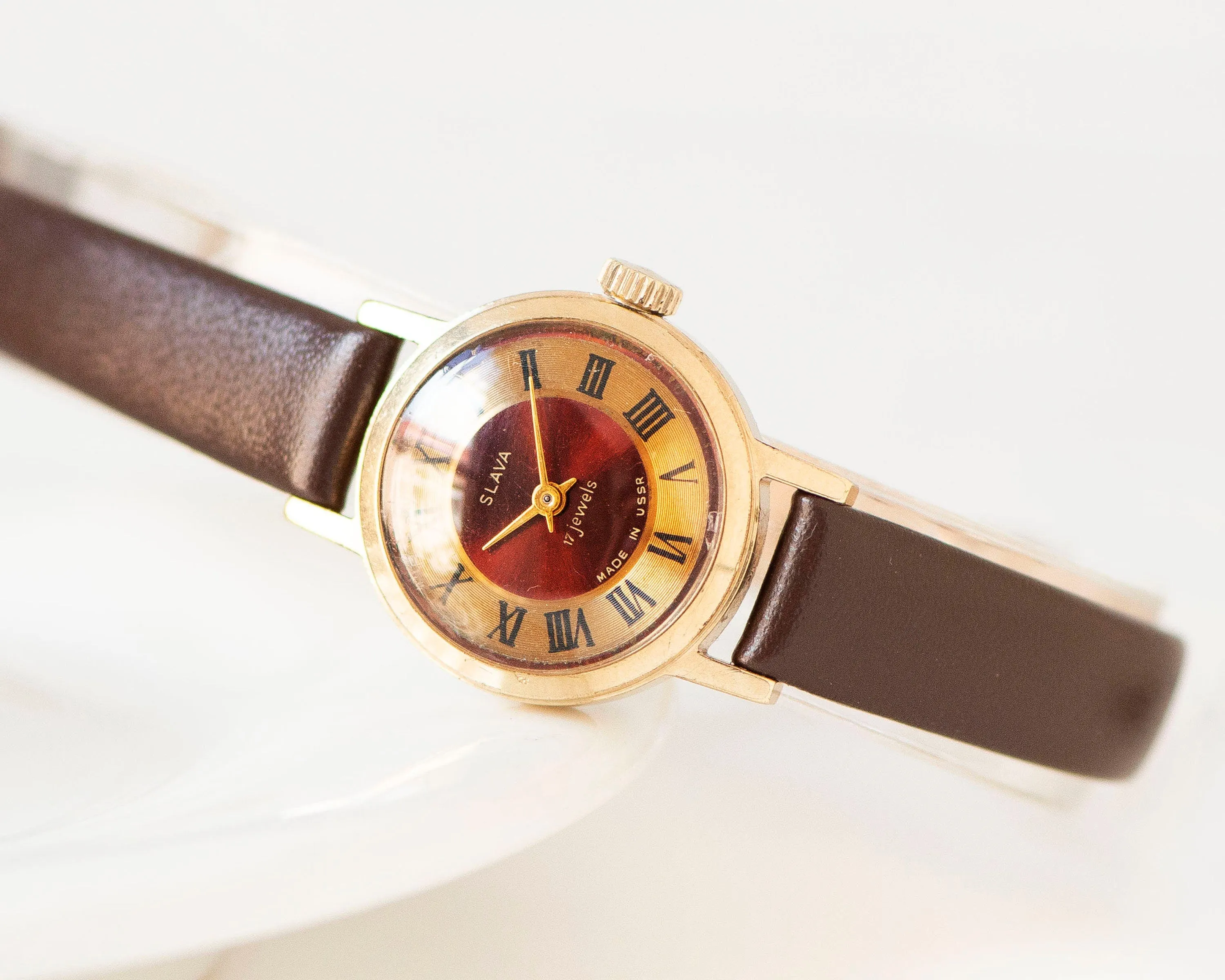 Copper red women watch Glory gold plated, vintage lady wristwatch Roman numerals, girl watch simple gift delicate, new genuine leather strap