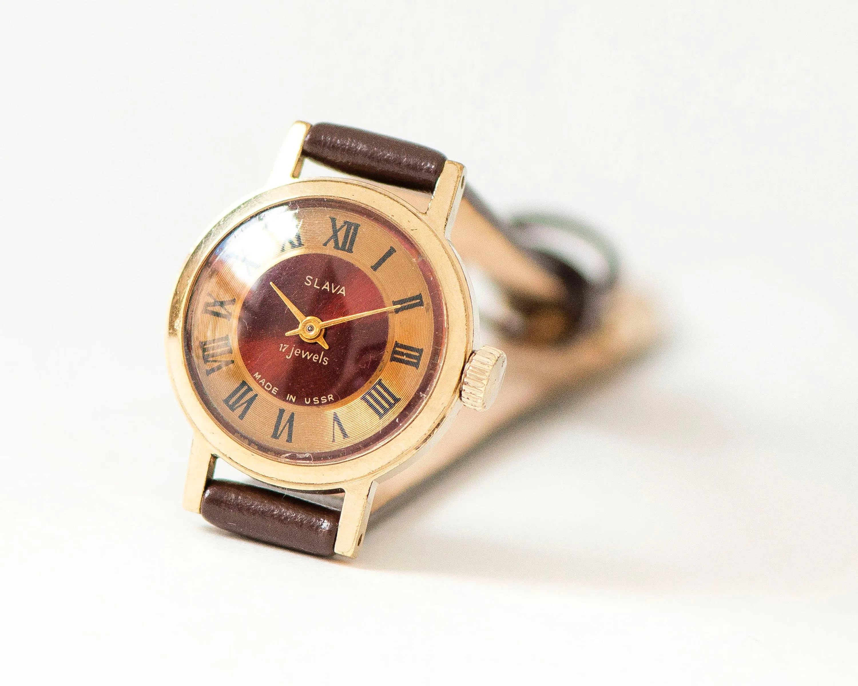 Copper red women watch Glory gold plated, vintage lady wristwatch Roman numerals, girl watch simple gift delicate, new genuine leather strap