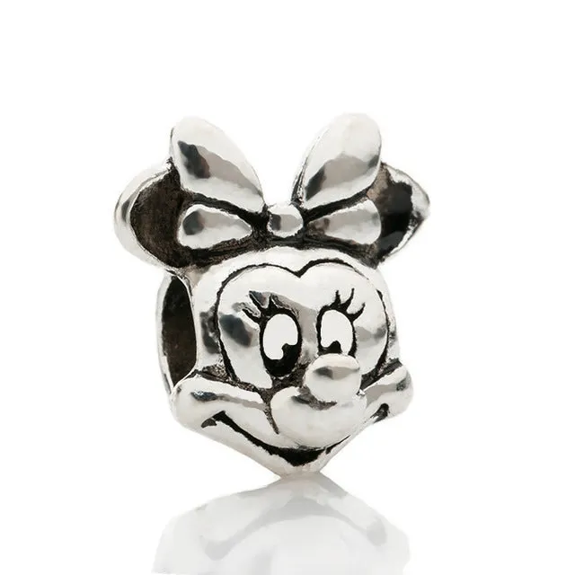 Couqcy Cartoon Alloy Beads Mickey Charm DIY Pendant Mickey Minnie Beads Fit Pandora Bracelet Silver Color 2Pcs/Set Wholesale