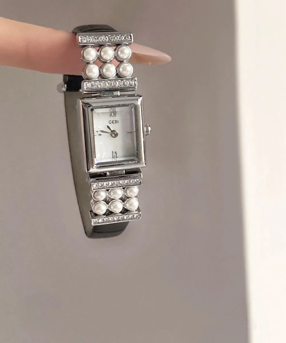 Crystal Black Watches Leather Zircon Pearl Hardlex Unique