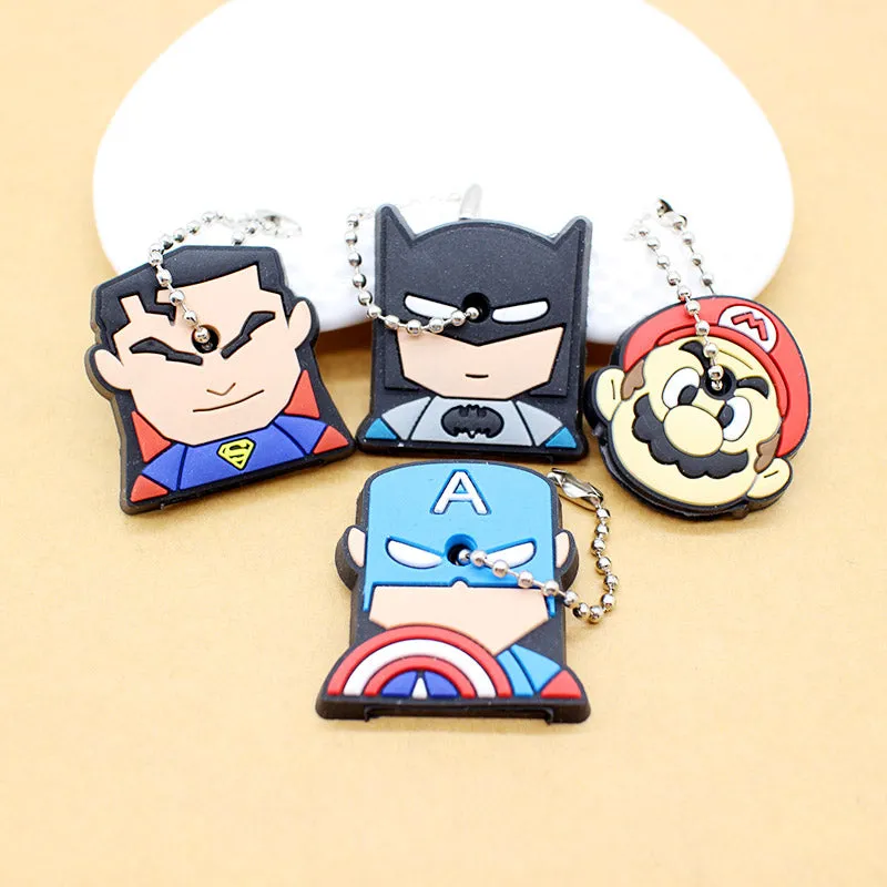 cute super hero Silicone Cartoon Key Cover batman spiderman Keychain face mario Pendant captain Key Chain porte clef for women