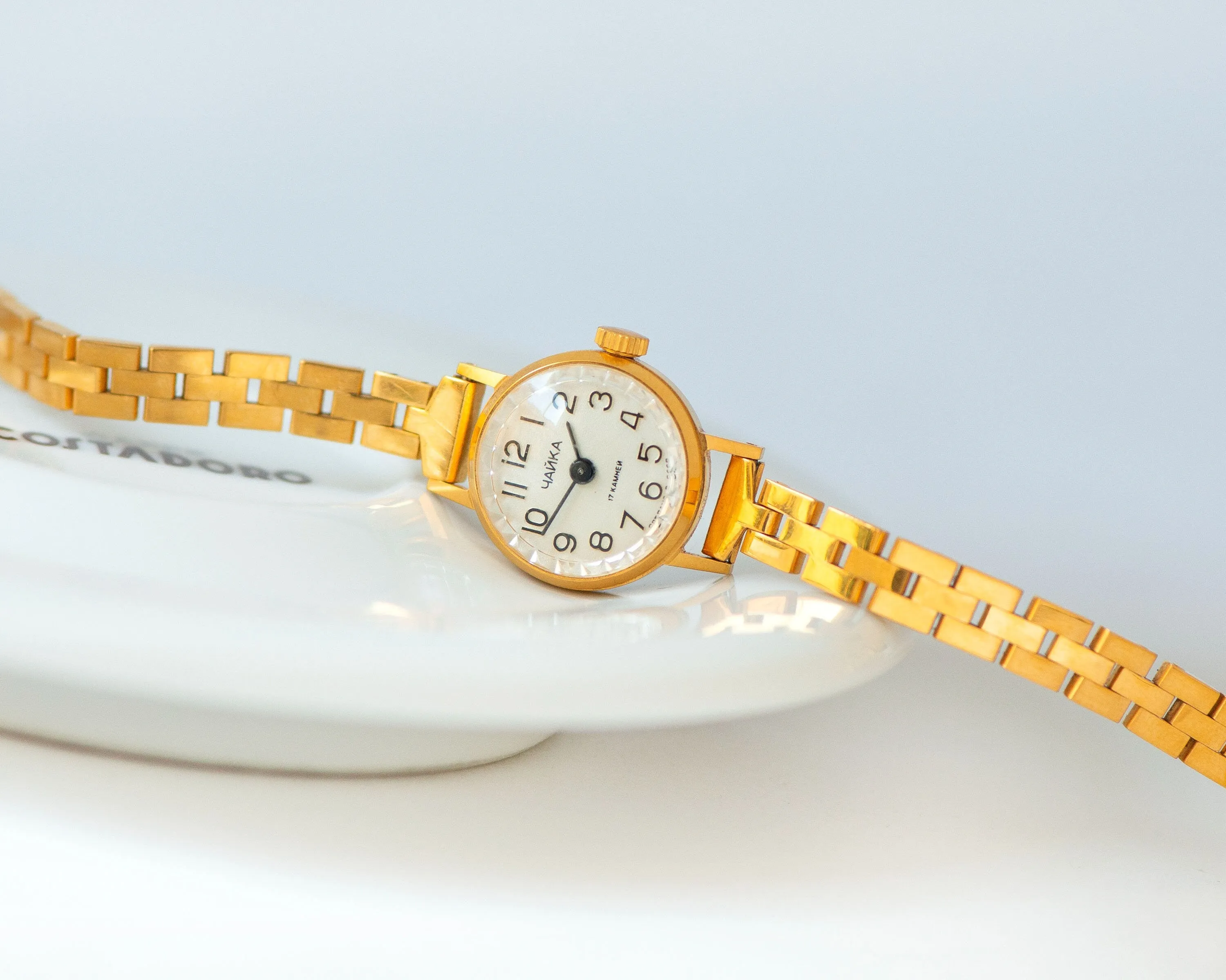 Delicate cocktail watch for women Seagull gold plated, simple classic ladies jewelry gift, micro watch small wrist, slim bracelet classic