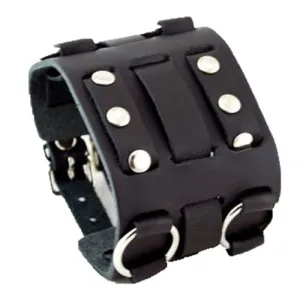 Double Ring Bullet Black Leather Triple Strap Cuff WB