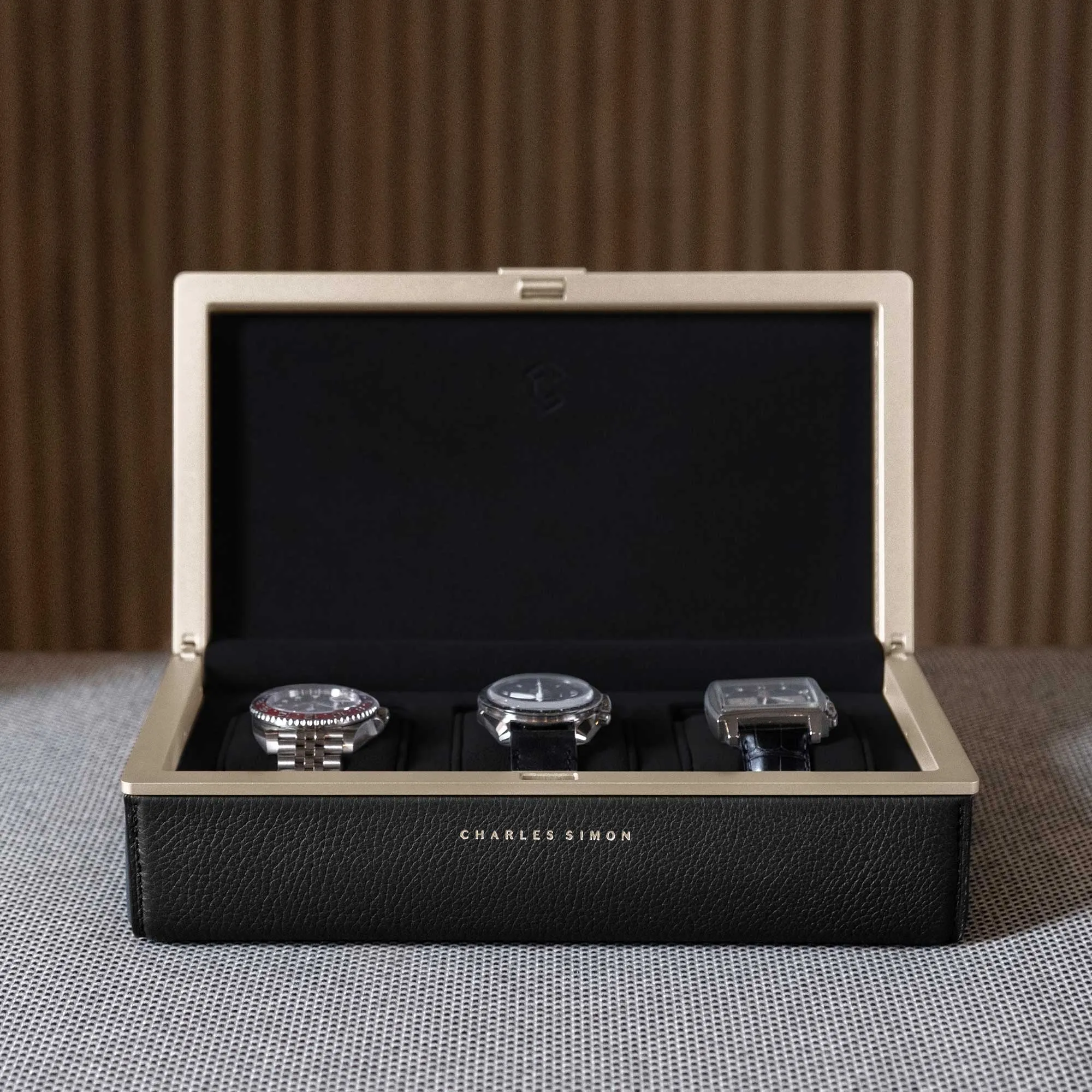 EATON 3 WATCH CASE - BLACK / CHAMPAGNE