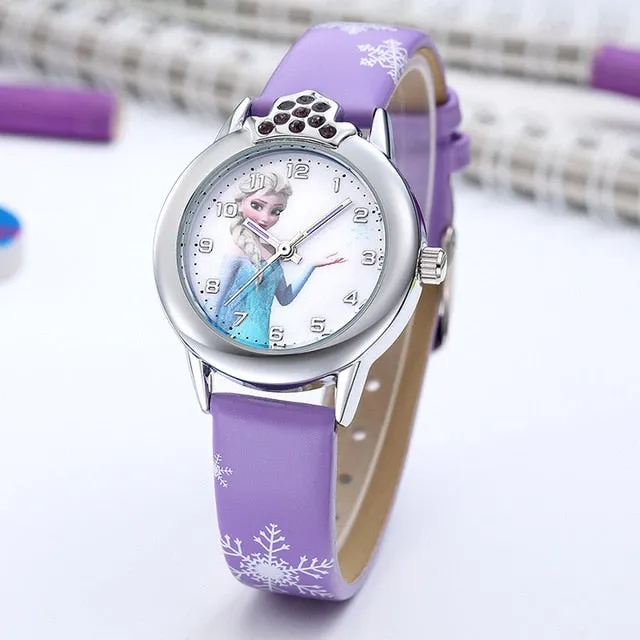 Elsa Watch Girls Elsa Princess Kids Watches Leather Strap Cute Children's Cartoon Wristwatches Gifts for Kids Girl