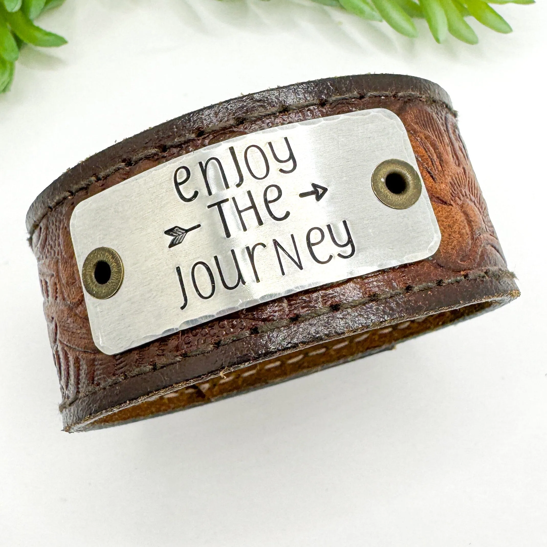 ENJOY THE JOURNEY | Tooled Light Brown Wide Leather OOAK | One of A Kind | Upcycled Cuff | Adjustable | Women