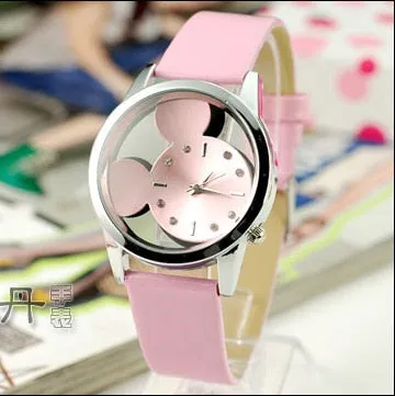 Fashion Cartoon Mickey women Watch Men Transparent Hollow quartz watches Leather strap Kid wristwatch girl Gift Relogio Feminino