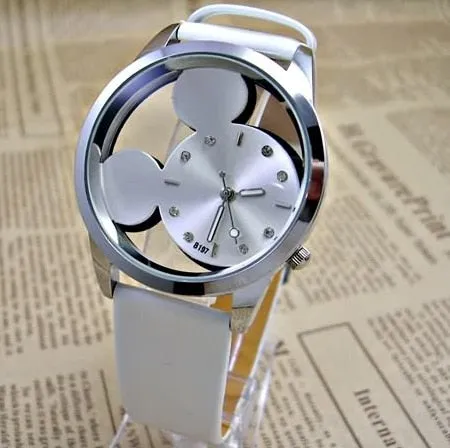 Fashion Cartoon Mickey women Watch Men Transparent Hollow quartz watches Leather strap Kid wristwatch girl Gift Relogio Feminino