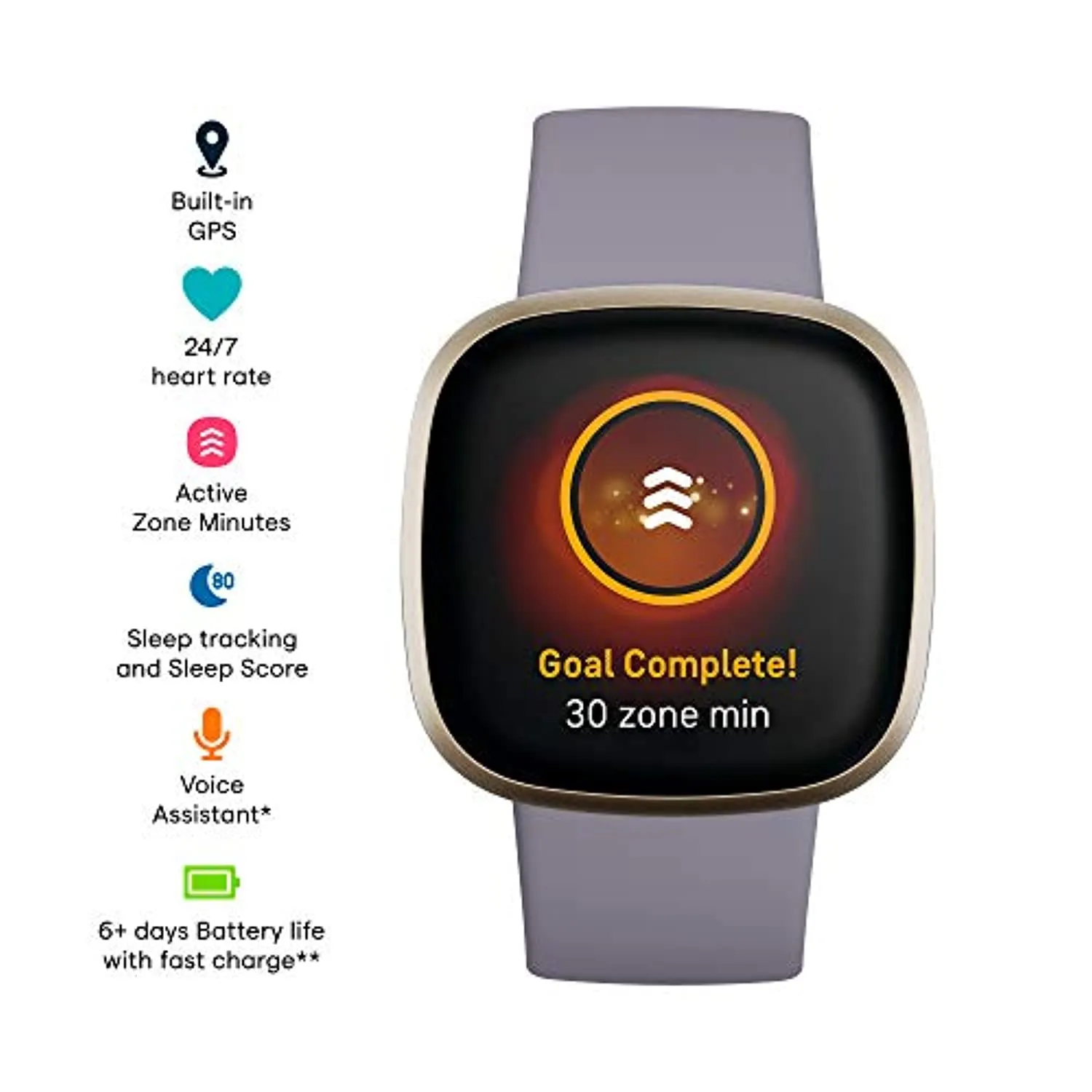 Fitbit Versa 3 Health and Fitness Smartwatch, Amazon Exclusive Color, GPS, 24/7 Heart Rate, Alexa Built-in, 6  Days Battery, Thistle/Gold, One Size (S & L Bands Included)