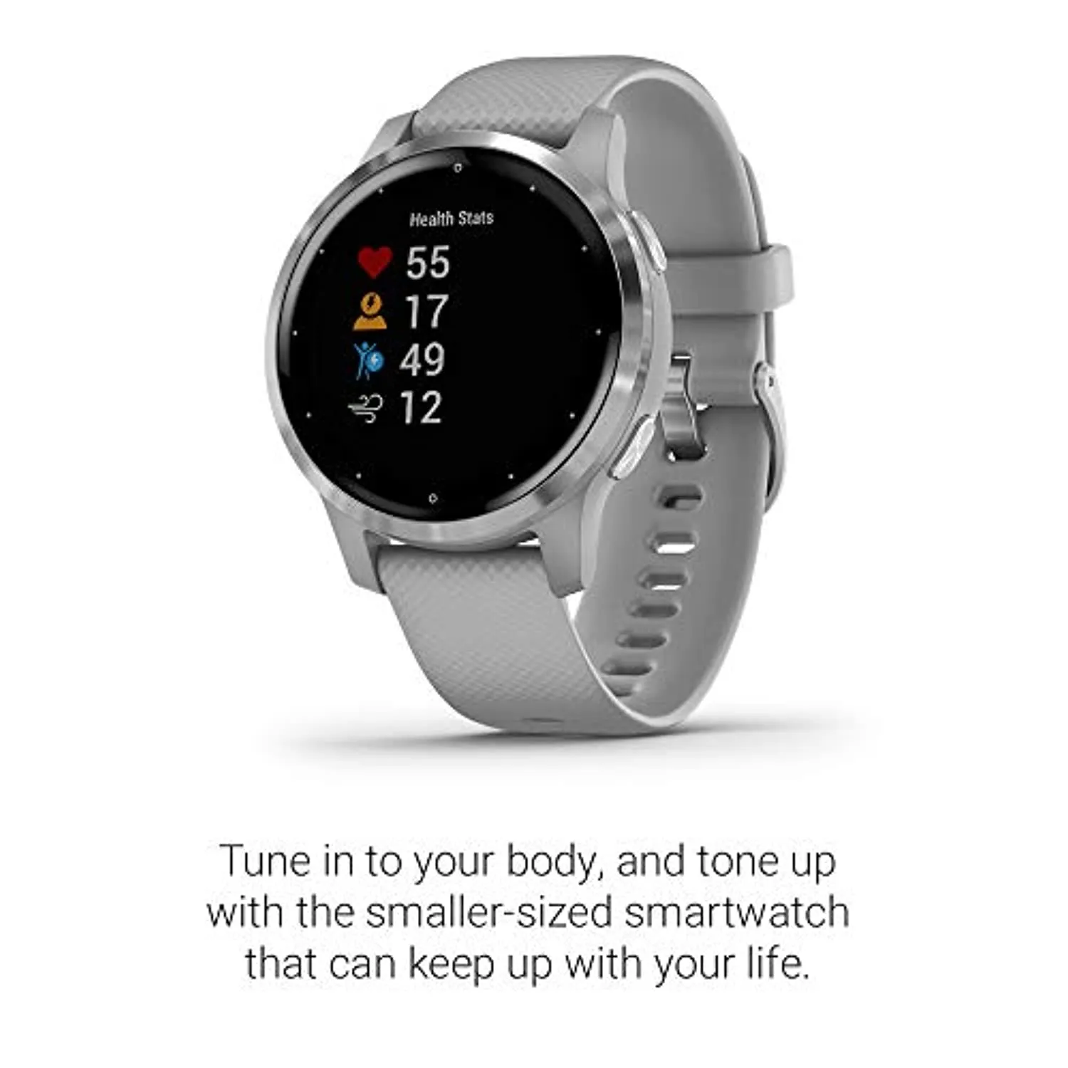 Garmin vivoactive 4S, Smaller-Sized GPS Smartwatch, Features Music, Body Energy Monitoring, Animated Workouts, Pulse Ox Sensors and More, Silver with Gray Band