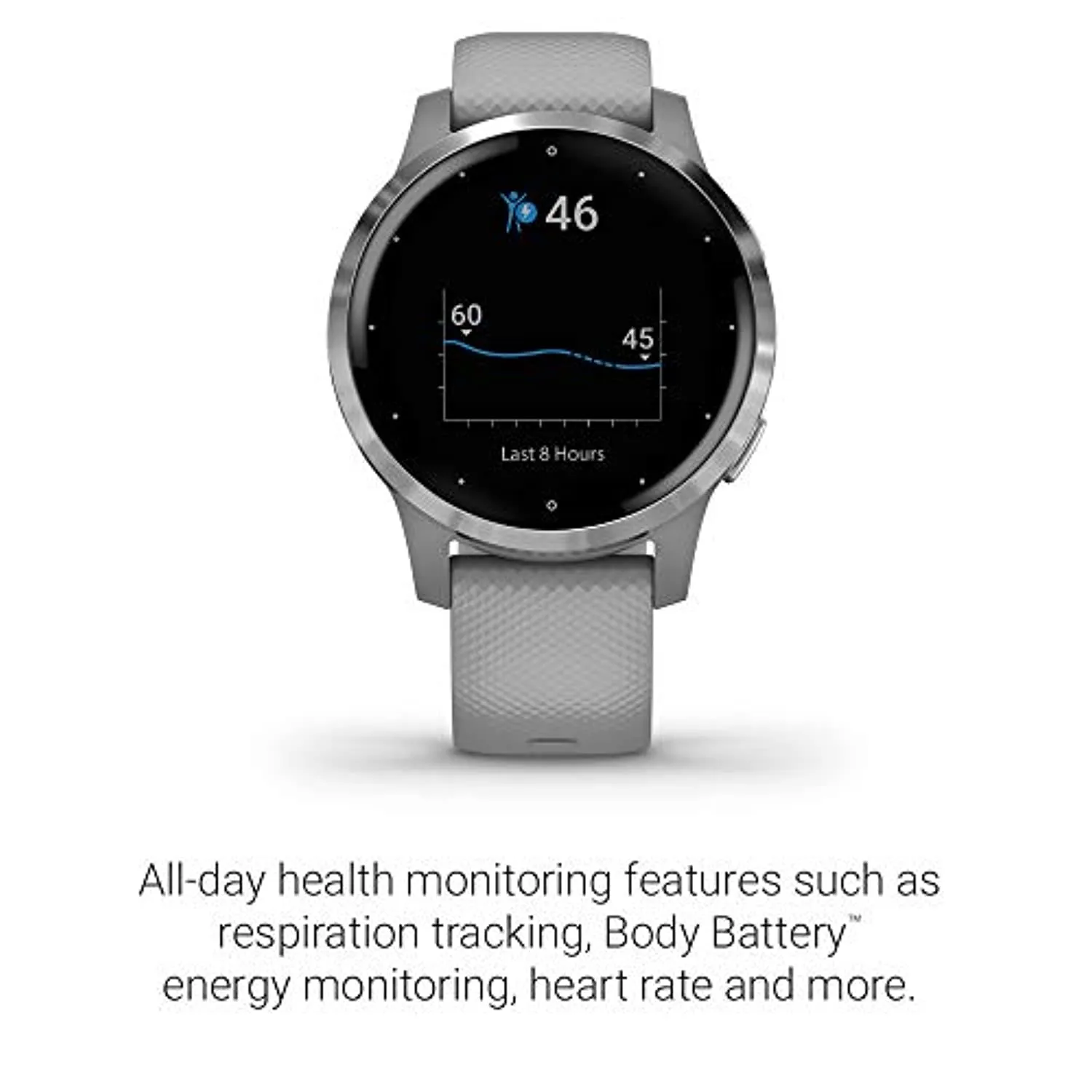 Garmin vivoactive 4S, Smaller-Sized GPS Smartwatch, Features Music, Body Energy Monitoring, Animated Workouts, Pulse Ox Sensors and More, Silver with Gray Band