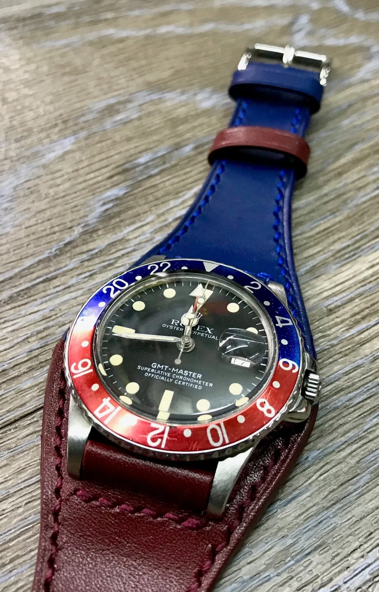 Genuine Leather Watch Strap, Red Blue Watch Strap 20mm, Full Bund Straps, Watch Band with Cuff Leather Base, Dual Color Strap fit for Pepsi Basel