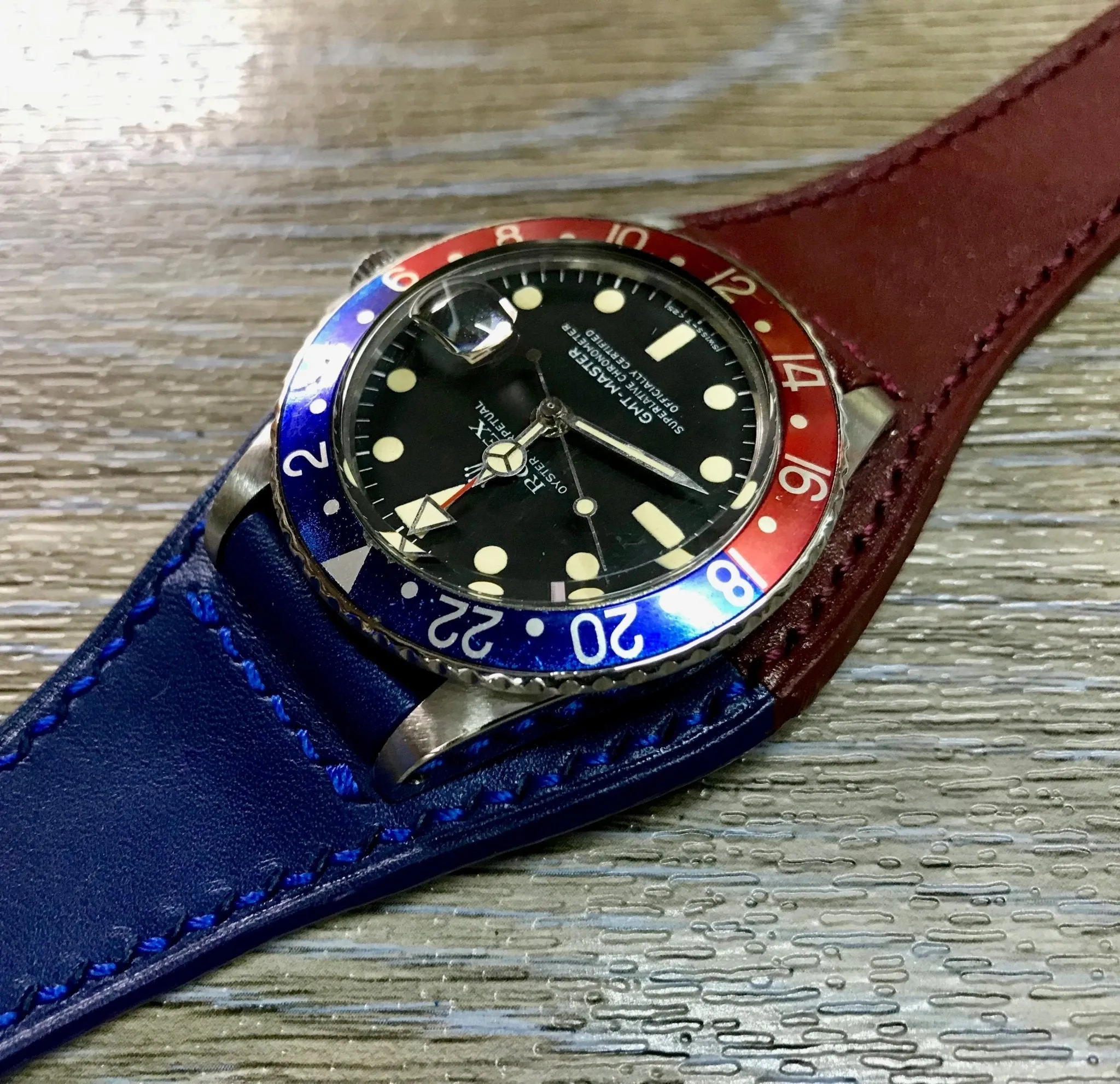 Genuine Leather Watch Strap, Red Blue Watch Strap 20mm, Full Bund Straps, Watch Band with Cuff Leather Base, Dual Color Strap fit for Pepsi Basel
