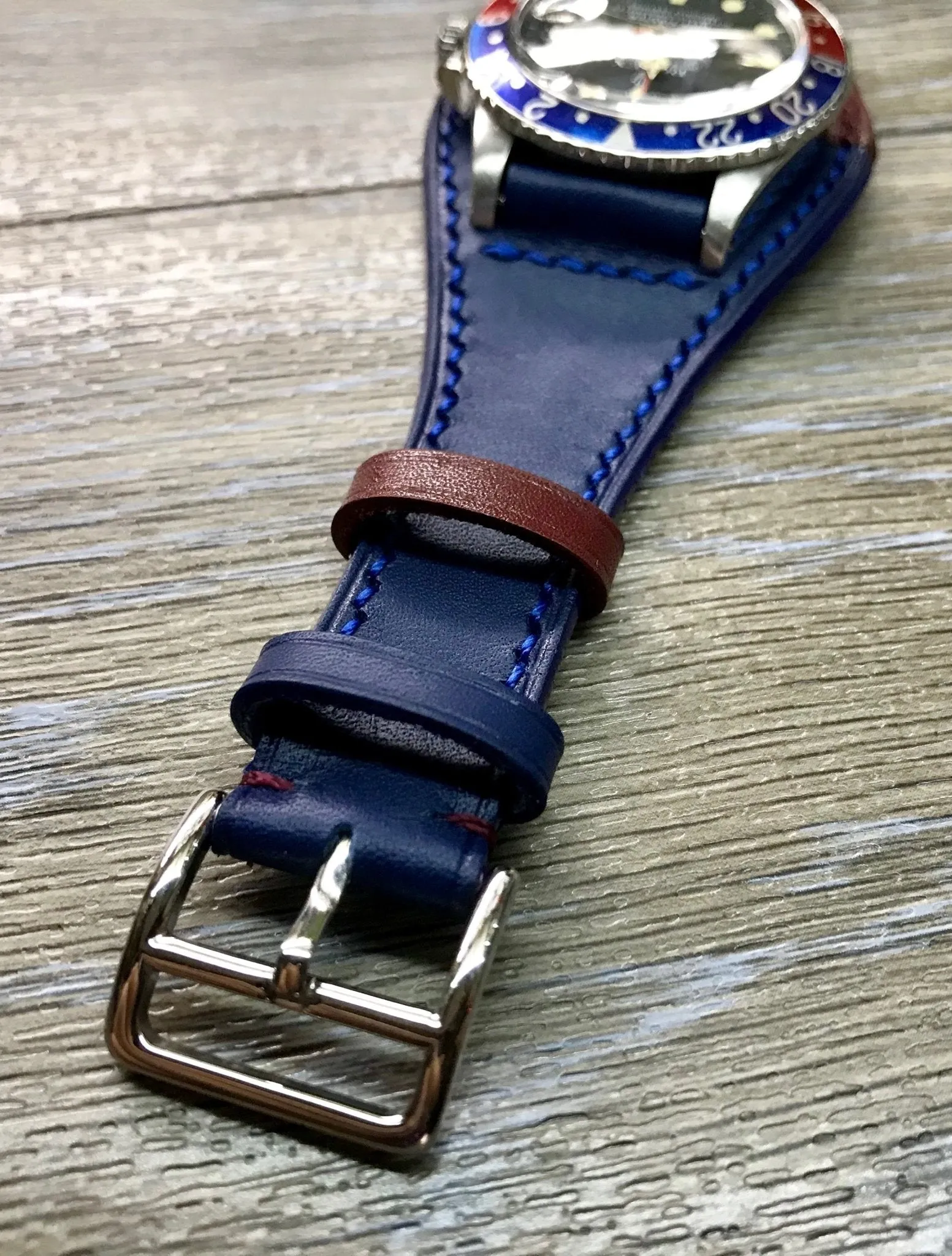 Genuine Leather Watch Strap, Red Blue Watch Strap 20mm, Full Bund Straps, Watch Band with Cuff Leather Base, Dual Color Strap fit for Pepsi Basel