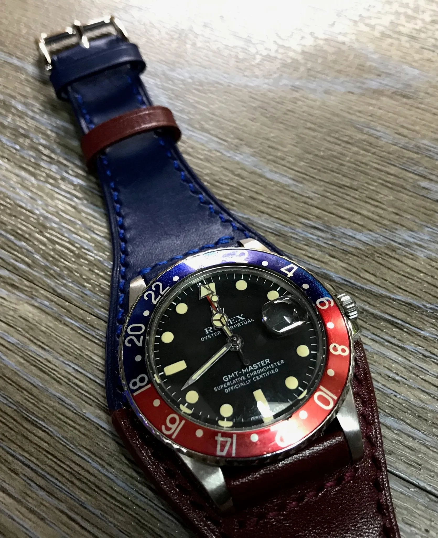 Genuine Leather Watch Strap, Red Blue Watch Strap 20mm, Full Bund Straps, Watch Band with Cuff Leather Base, Dual Color Strap fit for Pepsi Basel