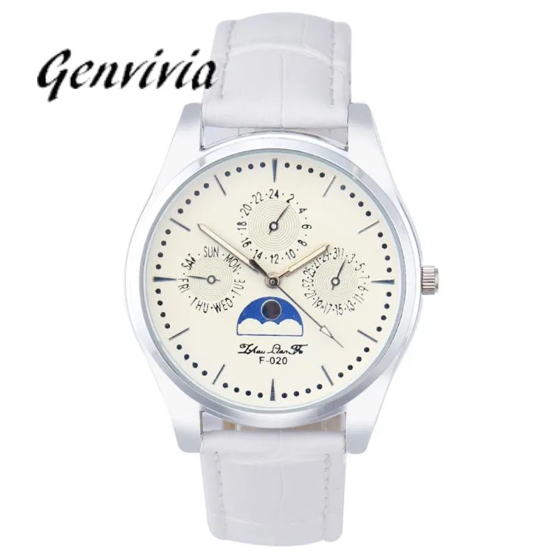 GENVIVIA Man Round Case Watch 3 Colors Fashion Quartz Dial Leather Analog WristWatch Male Relogio