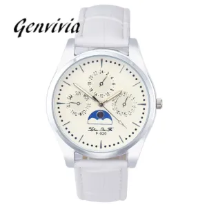 GENVIVIA Man Round Case Watch 3 Colors Fashion Quartz Dial Leather Analog WristWatch Male Relogio