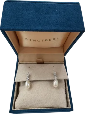 GINGIBERI White Sterling Silver Real Pearl & Diamond Earrings
