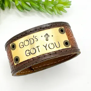 GOD’s GOT YOU | GOLD Tooled Light Brown Wide Leather OOAK | One of A Kind | Upcycled Cuff | Adjustable | Women