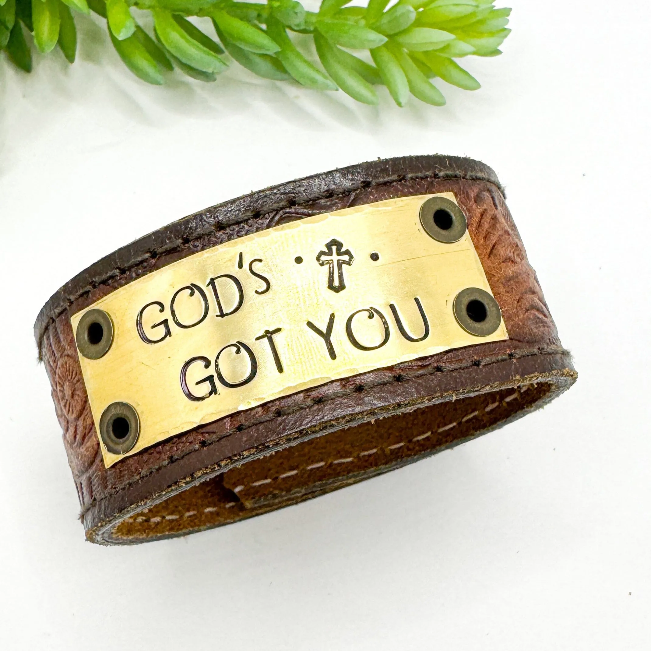 GOD’s GOT YOU | GOLD Tooled Light Brown Wide Leather OOAK | One of A Kind | Upcycled Cuff | Adjustable | Women