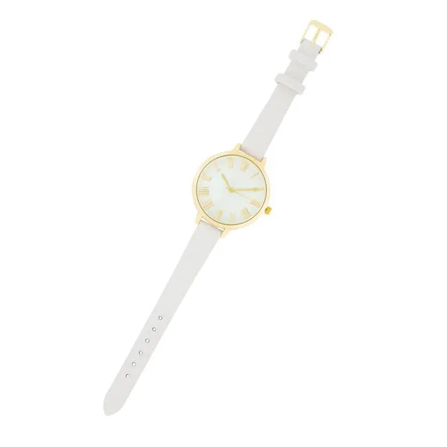 Gold Watch With White Leather Strap