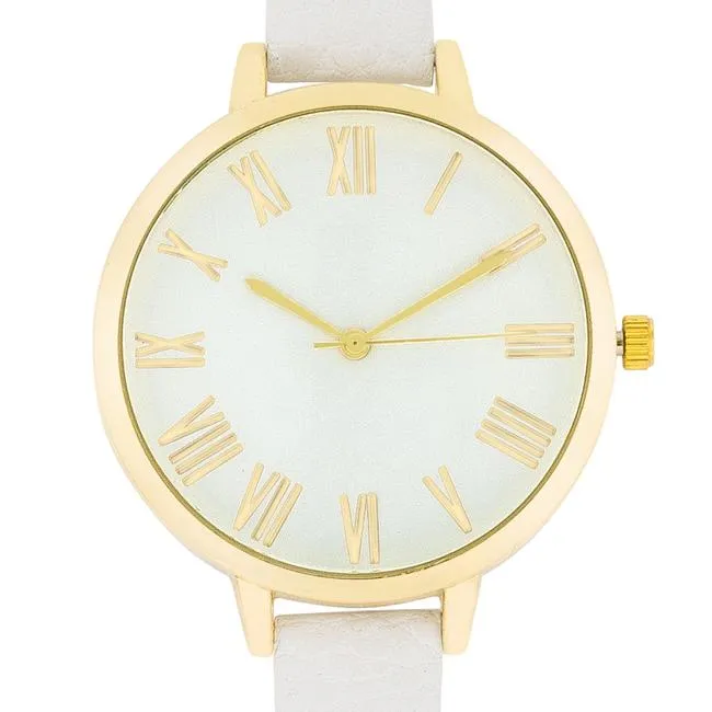 Gold Watch With White Leather Strap