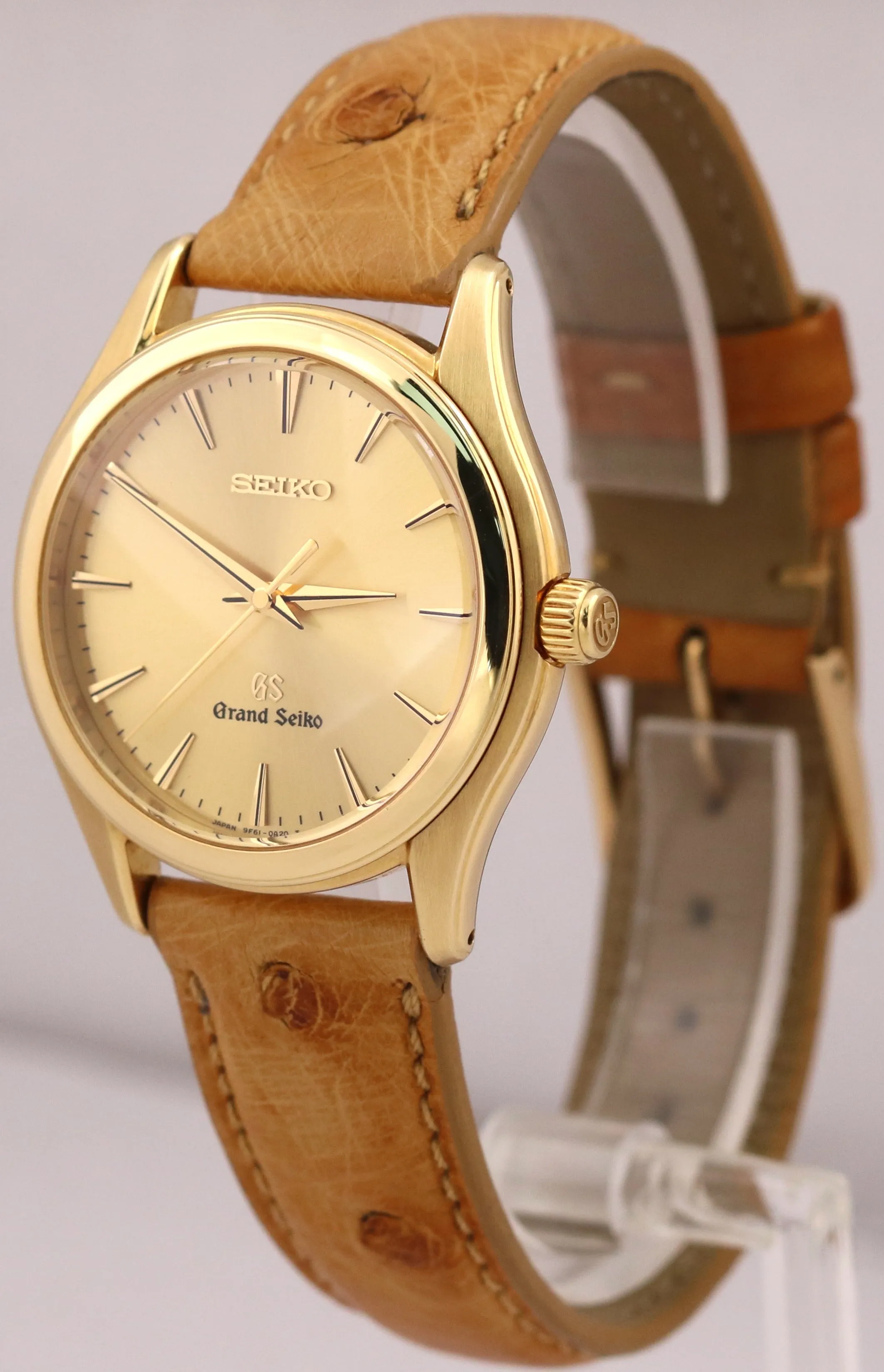 Grand Seiko CHAMPAGNE 18K Yellow Gold Quartz Brown Leather 35.3mm SBGX016 BOX