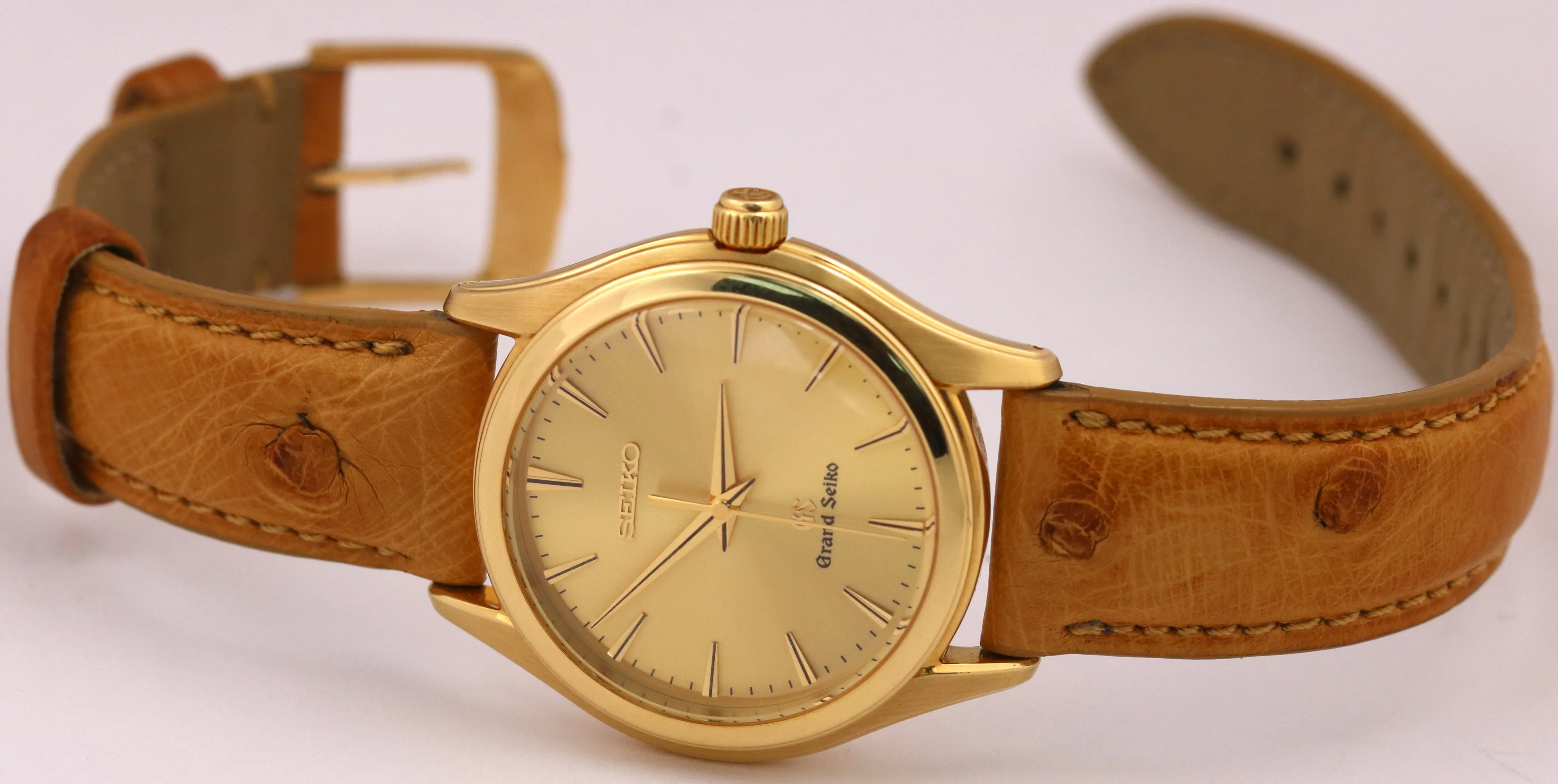 Grand Seiko CHAMPAGNE 18K Yellow Gold Quartz Brown Leather 35.3mm SBGX016 BOX