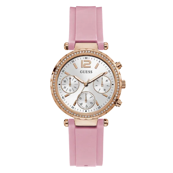 Guess Solstice Pink Silicone Strap Silver Dial Chronograph Quartz Watch for Ladies - GW0113L4