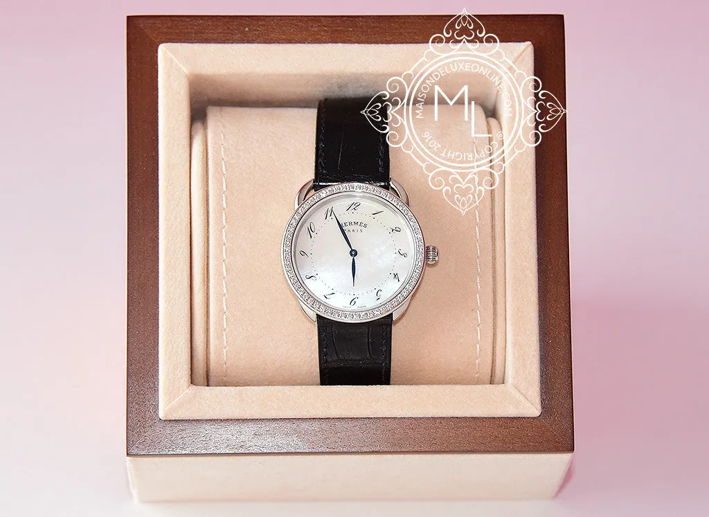 Hermes Diamond Arceau Watch GM Black Crocodile Strap