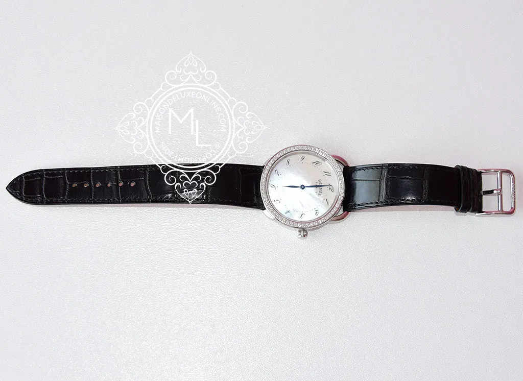 Hermes Diamond Arceau Watch GM Black Crocodile Strap