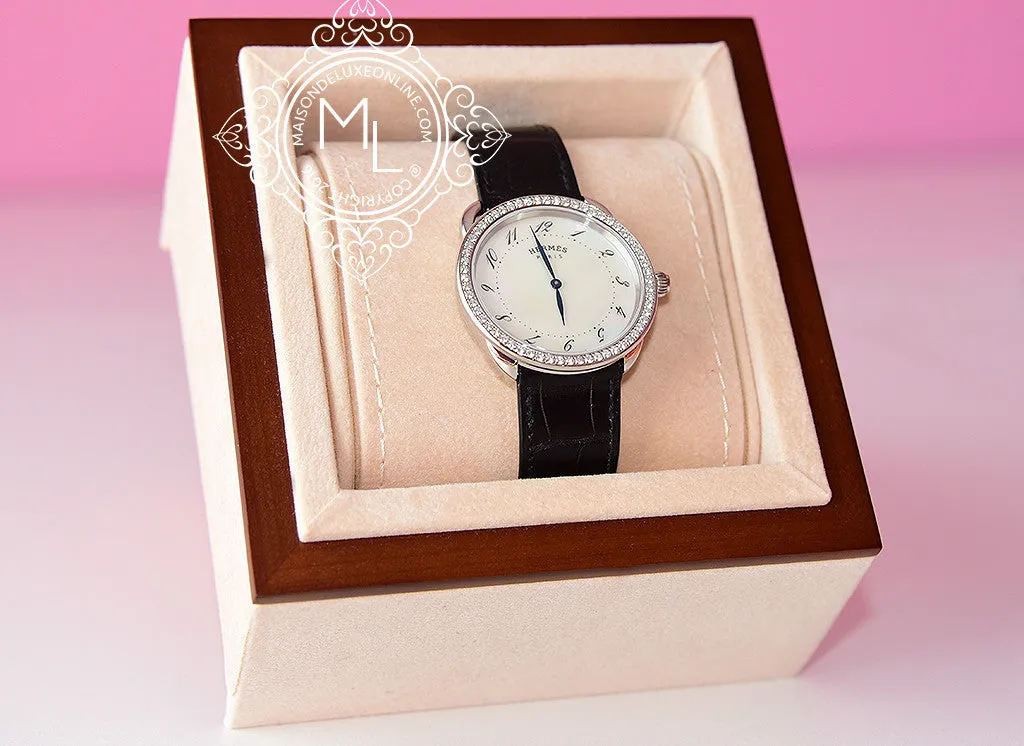 Hermes Diamond Arceau Watch GM Black Crocodile Strap